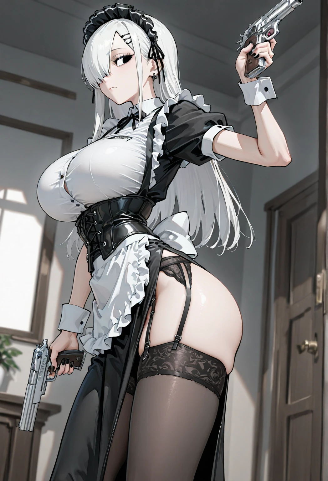 a girl in a cozy room, tight dress, laces, detailed face, single long braided ponytail over shoulder, pelvic curtain, thigh highs, big breasts, lace underwear, cleavage, white hair, deep red eyes, tan, jewelry, stool, realistic, ultra detail