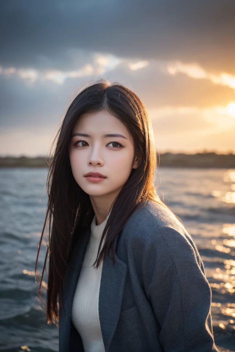 Red-haired girl, in her 20s,Have by the sea, Side face with sea views, Sunny weather。