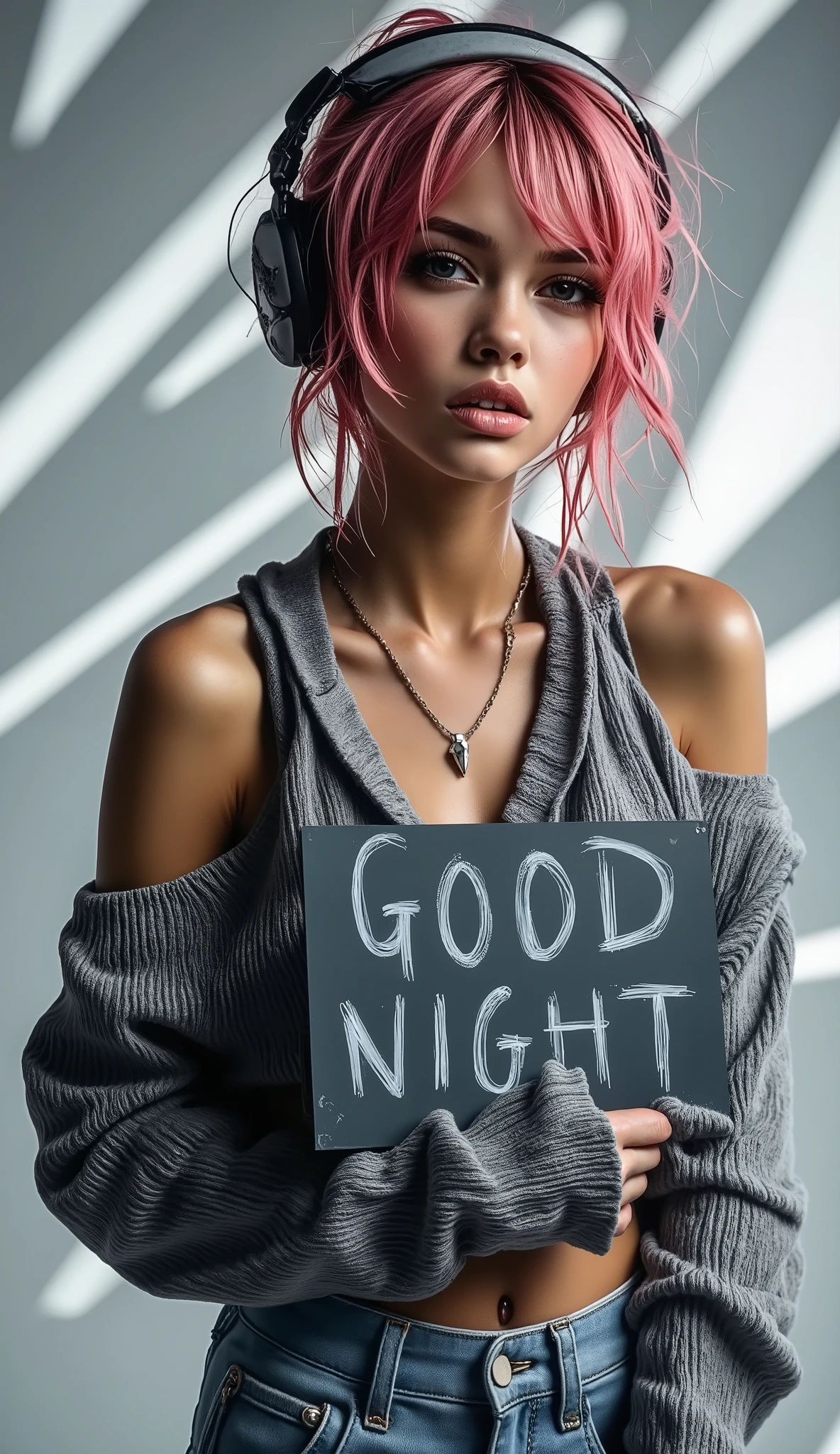 (((European:1.05))), Supreme cuteness, Super beautiful detailed face, Highest Quality, Highest image quality, RAW Photos, Realistic, Photorealistic, 4k, 8k, 32k, Ultra detailed and beautiful, Ultra highest details, Beautiful fair skin and luster, Beautiful big blue eyes, Gloss on lips. Wet, sweaty and freckles girl is standing centered in the frame, facing the camera, looking directly at the camera, (facial features:1.1), (detailed skin texture:1.0), (pink-red short punk hair:1.3), (small breast:1.5), (fullbody:1.4). Atelier shot on a white neverending background, (white background:1.45), (shades on background:1.4), (atelier light:1.2). Girl is holding a sign with the text: "GOOD NIGHT", which is written in Arial font. The sign is placed on the background as a graffiti, (perfect text:1.5). Composition is symmetrical, and perspective is straight-on. Neutral color palette – light taupe, light pink, light gray, and beige/tan, with touches of yellow, atelier light, photorealistic style, high detail.