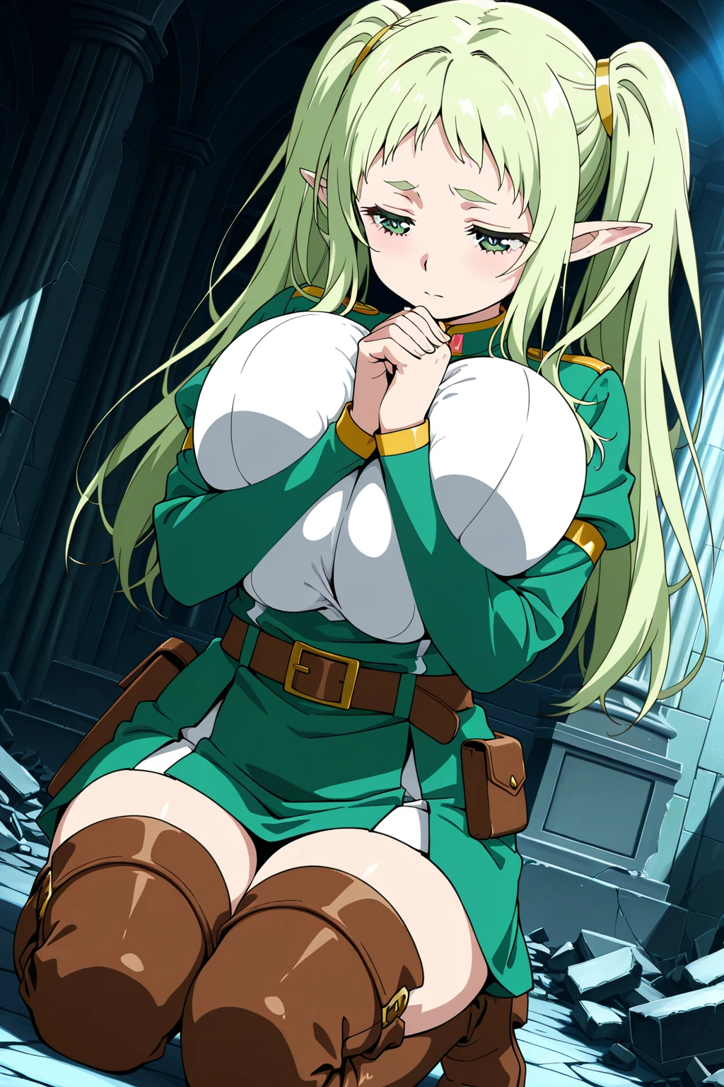 anime art style, masterpiece, best quality, very aesthetic, absurdres, dynamic shadows, atmosferic, marcilledonato, ((1girl)), blonde hair, long hair, parted bangs, green eyes, detailed eyes, bright pupils, pointy ears, curvy body, large breasts, sexy, ((futuristic clothes)), white hoodie, gun, short sleeves, thighhigh boots, borrowed, embarrased, intense blush, ((cowboy shot)), (from front), (standing on one leg), (tavern), (looking at viewer:1.0)