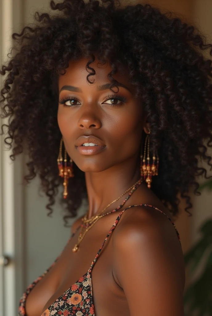 A Latin woman with very curly hair, tall thin with curly brown hair with two braids, a braid on each side. Braids should cover the ear. Braids should be elegant and prom-like. wearing a turtleneck dress, long with silver stones and silver graduation. Bare shoulders and arms. The dress must be long The dress must be silver sparkles. Shiny with stones. And in the middle of the neckline there should be a diamond-shaped neckline.. The model can be Latina The braids should be more elegant, as if they were going to graduation. eyes browns. More Afro features