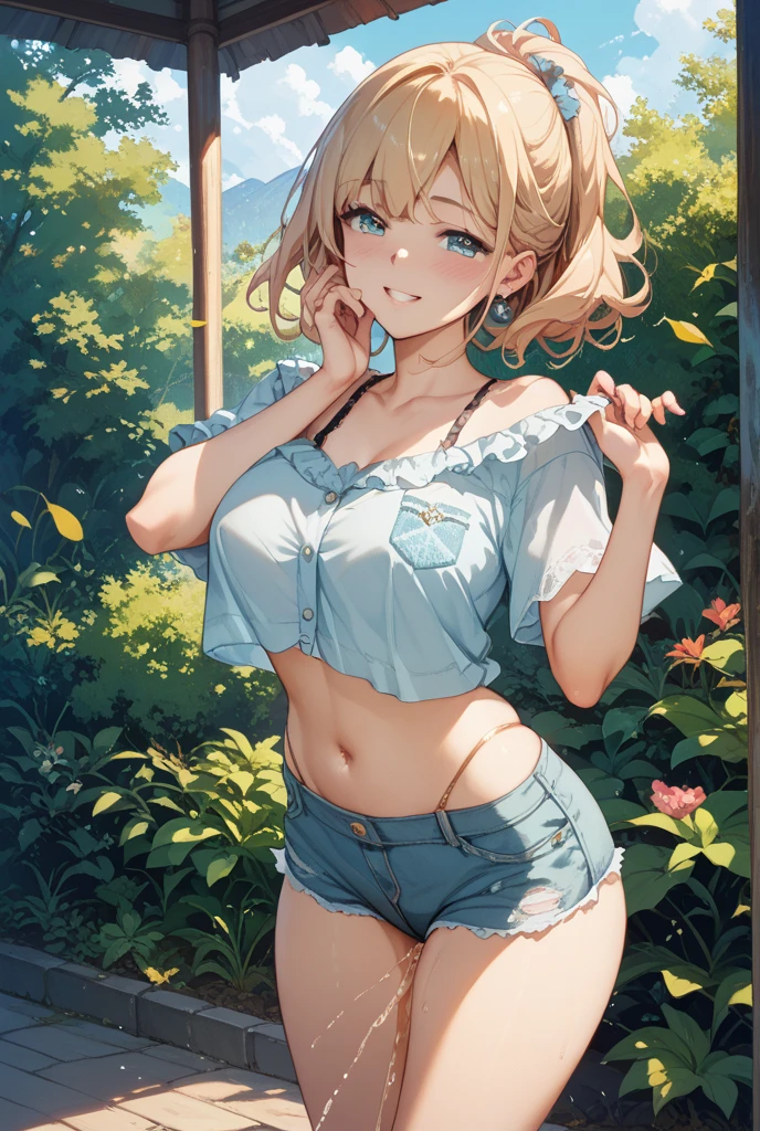 A girl is posing for a photo,pretty girl,Enchanting girl,Anime Girls,
(((One Girl,Baby Face,16 years old))),
BREAK
((Mini denim shorts, White shirt tied under the chest、belly button、Fishnet tights、Black sneakers))、Earrings、Fancy Necklace、Black nail polish、((Dark Skin,Sunburn mark))、
BREAK
((Matte gold hair)), ((Short Hair、Shaggy Hair:1.4、Wavy Hair、Curly hair))、
(Drooping eyes,blue eyes),(Small breasts),
BREAK
(Beautiful Hair,Shiny Hair),
(Expression of fine eyes,Beautiful and delicate eyes,Sparkling eyes,Eye Reflexes),
(double eyelid,Long eyelashes),
(Beautiful Nose,Thin Nose),
(Glossy lips,Beautiful Lips,Thick lips),
(Symmetrical facial features,Perfect Face),(((Detailed skin,Oily skin,Textured skin,Beautiful Skin))),
BREAK
(Wicked Smile),
((noon、garden:1.4、squirt、grass)),((Dynamic Pose、Sweat:1.4、Face the viewer、Cowboy Shot)),
BREAK
(((highest quality)),((masterpiece)),((Very detailed))),((High resolution),(8k),(16k,1080p),(Anime 2D Rendering)),(Anatomically correct),
((Realistic)), (The best CG),Highly detailed art,CG illustration,