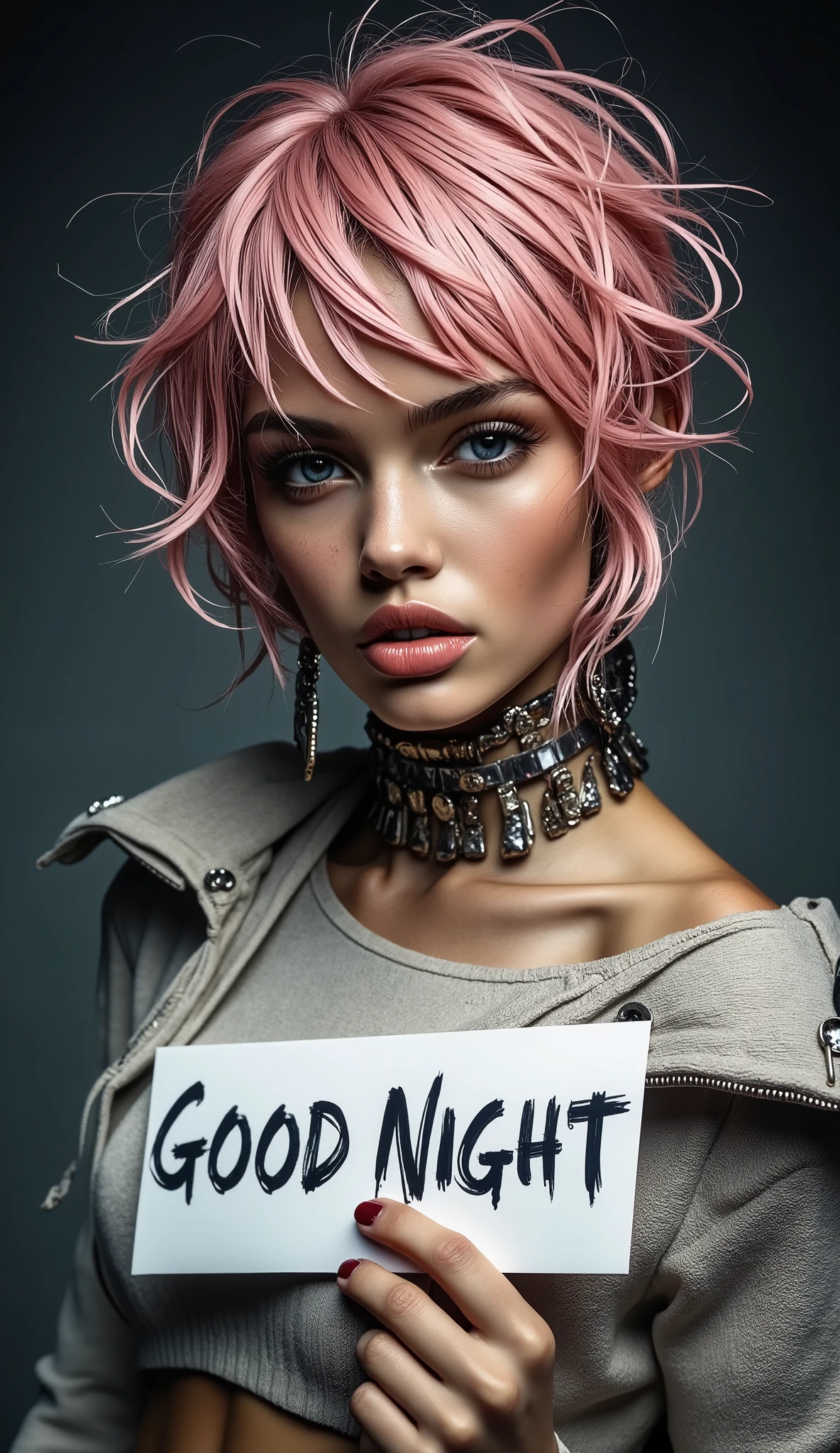 (((European:1.05))), Supreme cuteness, Super beautiful detailed face, Highest Quality, Highest image quality, RAW Photos, Realistic, Photorealistic, 4k, 8k, 32k, Ultra detailed and beautiful, Ultra highest details, Beautiful fair skin and luster, Beautiful big blue eyes, Gloss on lips. Wet, sweaty and freckles girl is standing centered in the frame, facing the camera, looking directly at the camera, (facial features:1.1), (detailed skin texture:1.0), (pink-red short punk hair:1.3), (small breast:1.5), (fullbody:1.4). Atelier shot on a white neverending background, (white background:1.45), (shades on background:1.4), (atelier light:1.2). Girl is holding a sign with the text: "GOOD NIGHT", which is written in Arial font, (use Arial font: 1.5). The sign is placed on the background as a graffiti, (perfect text:1.5). Composition is symmetrical, and perspective is straight-on. Neutral color palette – light taupe, light pink, light gray, and beige/tan, with touches of yellow, atelier light, photorealistic style, high detail.