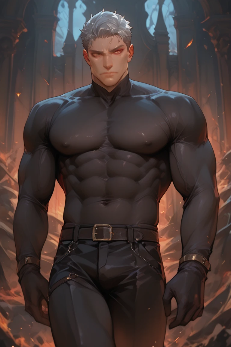 (nonsense, High resolution, very detailed, HDR), Masterpiece, best quality, A drawing of a boy, handsome man with red eyes, detailed face, professional photos, The Alafed man was shirtless., legs open,Sleep well.， (Swollen nipples(from below:1.1)), Focus on your audience,18 year old boy, handsome man, [ firmly defined body ]，abdomen，chest muscles，Big bulge，Spiliothames，torch，