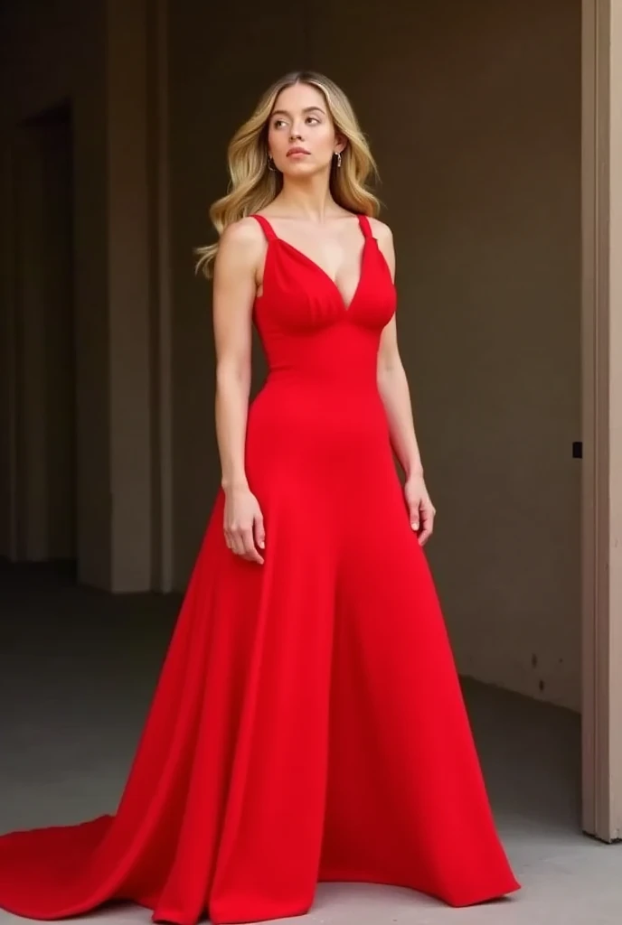 Amy,blonde,grey eyes,red dress,full body