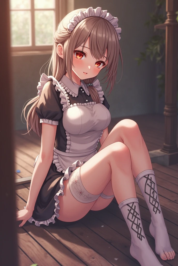 masterpiece, best quality, highres, aachizuru, long hair, one side up, maid, maid headdress, apron, black dress, skirt hold, angry, garden, squatting,open legs,spread legs,miniskirt,(((lift skirt,lace panties))),thighhighs,cleavage cutout