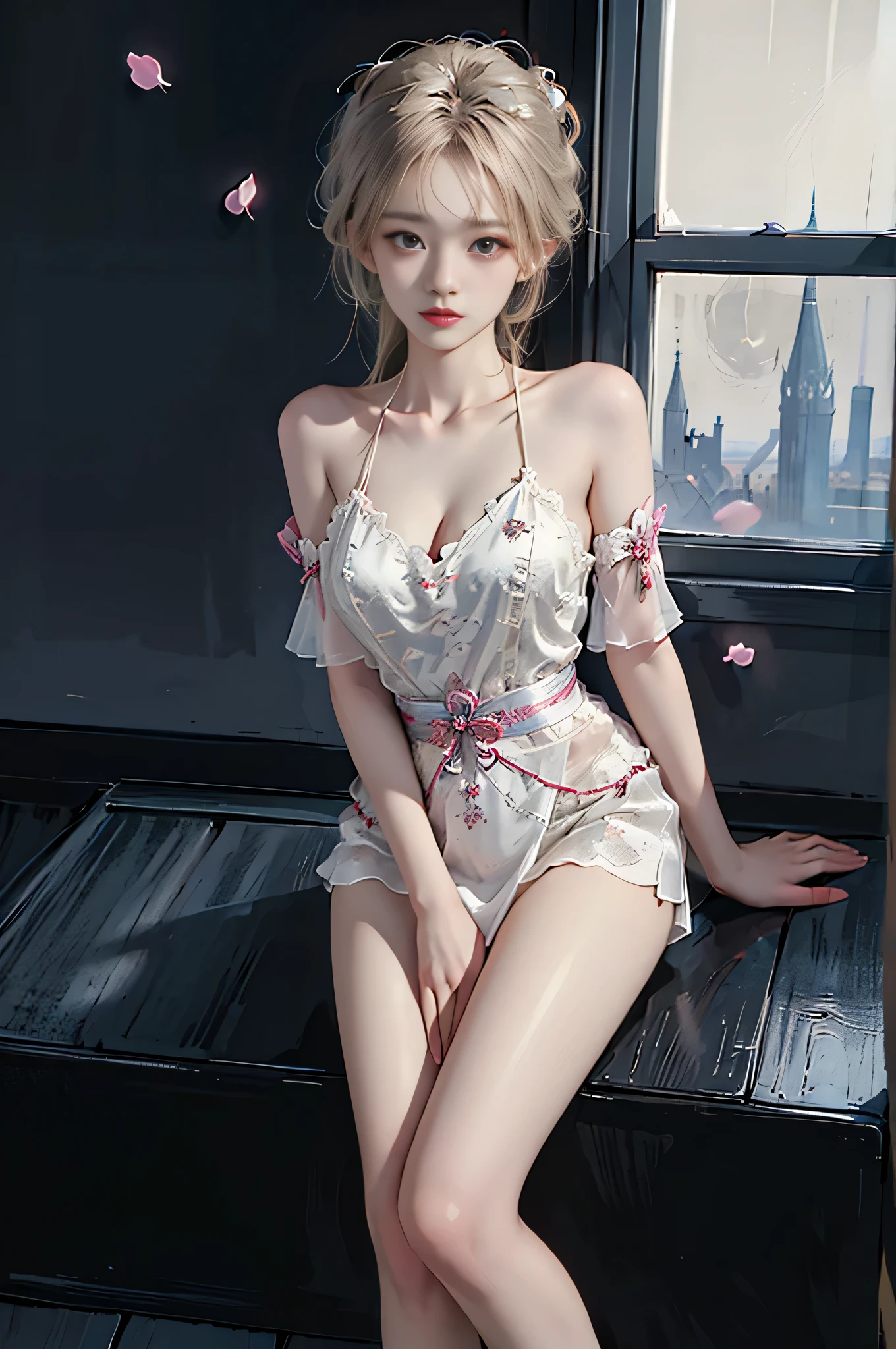 bioluminescent dress（(Girl lying in bed))、A beautiful and moving woman, in an elegant pose, her full breasts on display.，Visible cleavage，The skirt is short, Sexy long legs，Variety of slim and cute beauties, Her long hair cascades down her shoulders like a waterfall。She smiles radiantly，Eyes sparkle，Her skin is flawless。Her curves are highlighted。Sparkle in the light，The colors are soft，Perhaps in shades of light pink or lavender。She lay confidently，One hand on hip，Her posture is both graceful and strong。She wears elegant high heels，Goes well with her outfit。In the warm golden sun。The overall atmosphere of the image is tranquil and uplifting，Emphasizing natural beauty and elegance, Studio Lighting,Bright colors, Sweet maiden, sweet smile, make up，shy，Blush，Parted lips，Heavy breathing，moan，Surrealism，Realism，Movie Lighting，Relief，Sony FE GM，Retina，masterpiece，precise，Anatomically correct，Textured Skin，Super Detail，High Detail，best quality，rich and colorful