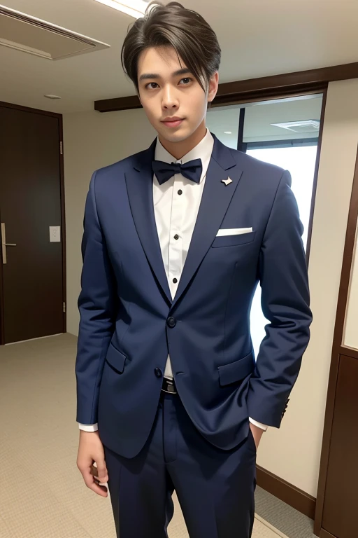 23years old、Men in Japan、1人、businessman、Standing with arms crossed、Confident face、Ultra-luxury suits、Striped suit、　s Office、Wearing a suit、twinks、（Highly detailed photos in 8K）、（Very detailed handsome man）、beautidful eyes、Photo Real、（top-quality）、ultra-detailliert、​masterpiece、An ultra-high picture quality、tall、Very beautiful hair、Bright photo、modeled、idol、luxury watch、