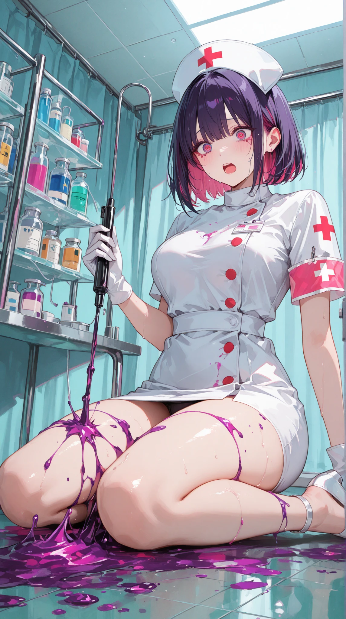 ((masterpiece,Highest quality:1.3,best quality illustration)),having sex,man on top,cowboy shot,独奏,1woman,18 year old beauty、black hair,short bob hair,bangs,black eyes,(gorgeous big eyes),((very small head:1.3)),crying,tears,((skinny:1.2)),((tan skin:1.4,Injury:1.4)),small breasts,naked,nipples、navel,vagina,vaginal penis,(Blood spurting from the vagina:1.5),gleaming skin,oily skin,slender body,sweat,kneeling,spread legs:1.3,machine、classroom、School、Tokyo、BDSM,nsfw,