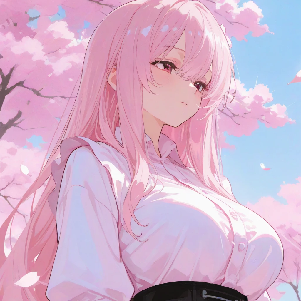 (masterpiece, best quality:1.2), sweater, short skirt, Eyes are very delicate, beautiful girl, long hair, Under the cherry blossom tree, Sakura petals are flying all over the ground,  Overmuch, big and droopy, big tiara, （（best quality））,  （（intricate details））, （（Surrealism））（8K）, giga_busty