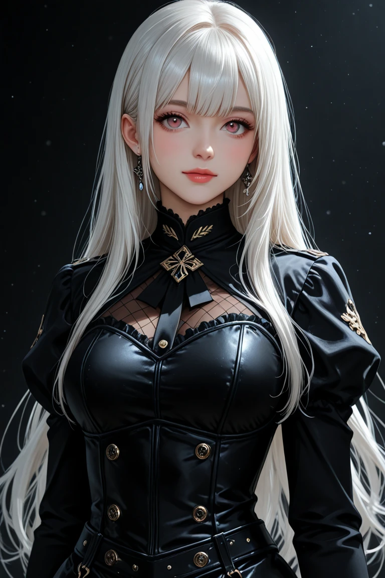 (Upper body image)((masterpiece:1.5,Highest quality,Highly detailed images,Beautiful images、Realistic、Photorealistic、2.5D))(1girl, solo)(Adult women、large breasts, white hair, beautiful eyes, Healthy legs、Tight ass、A little bit of her butt is visible through the slit、Beautiful cleavage)(Fantasy dresses、Fantasy Clothes、Black battle dress、black dress:1.5, Deep slit)(smile, wind, floating hair)(bright、Soft lighting、Inside the castle、The King's Chamber）
