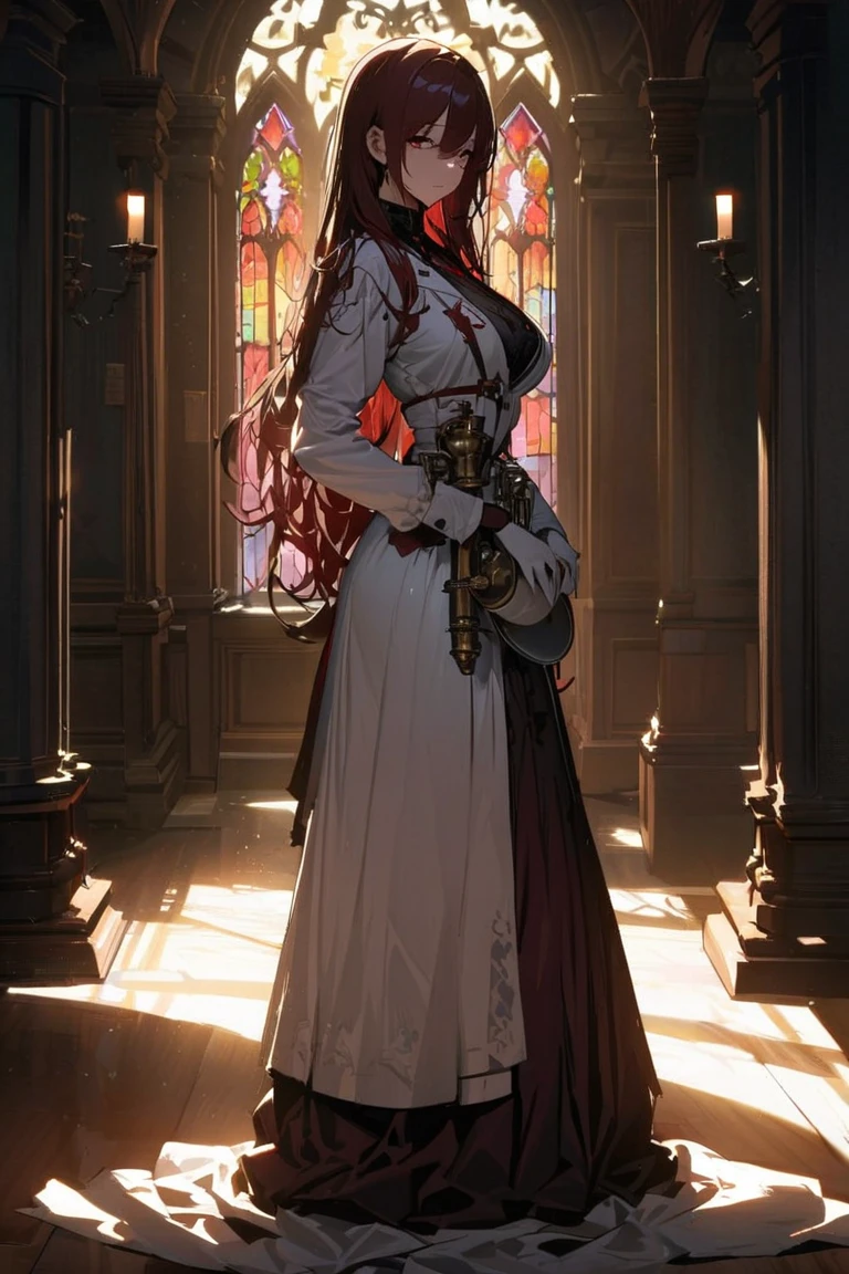 anime - style image of a woman in a red dress in a church, redhead queen in heavy red armor, cushart krenz arte chave feminino, female redhead templar, lady in red armor, beautiful female cleric, high detailed official artwork, 极其详细的Artgerm, highly detailed exquisite fanart, I was the point, Anime goddess, red-haired goddess