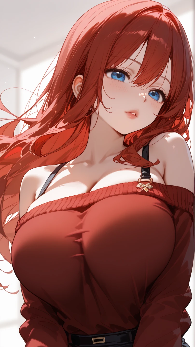 masterpiece, best quality, highly detailed background, perfect lighting, best quality, (extremely detailed face), volumetric lighting, intricate details, shadow, tonemapping, sharp focus, hyper detailed, trending on Artstation, (solo) ((Looking at the viewer)) (long red hair) (Hair over face) (only one eye visible) (curvy) (Big breasts) ((Blue eyes)) ((human)) (sexy pose) (in a bed) (smile) (With het arm stretched out as if taking a selfie)