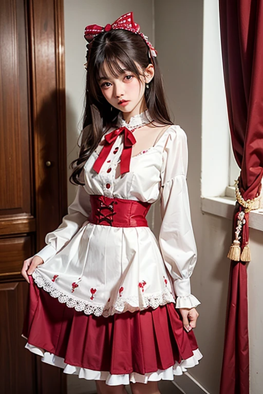 (Best Quality, Masterpiece),Solo, Photorealistic,,(beautiful detailed eyes, short hair, wearing glasses, megane symmetric eyes,),,, (Red White dress), Stocking,crushed velvet, skirt, bow, ribbon, jewel, Sheer long sleeves,Frills,Thigh,Pink BackGround