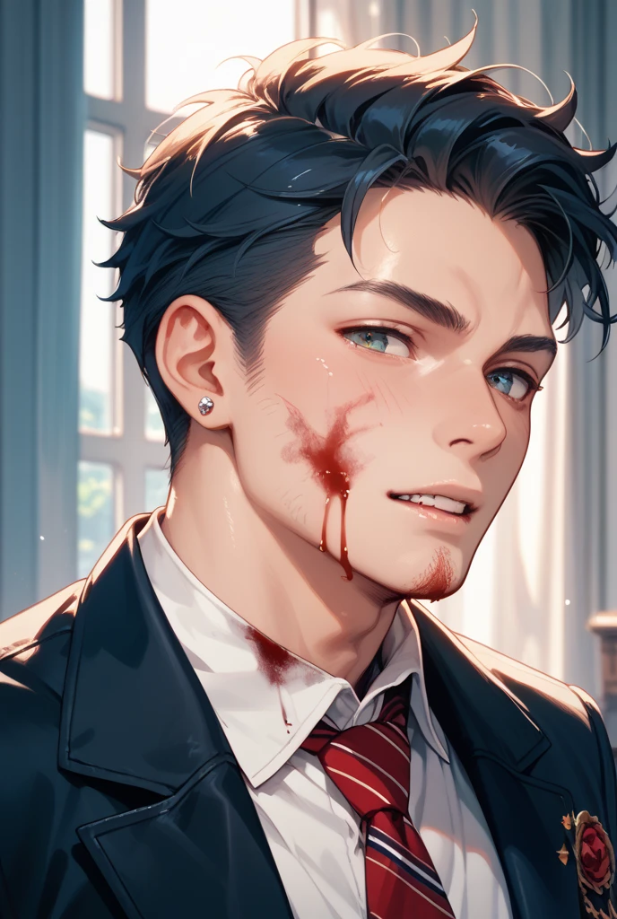Man with slicked back hair, blood on part of the face, american psycho, high qualiy, face detailed, centralized, dark lighting