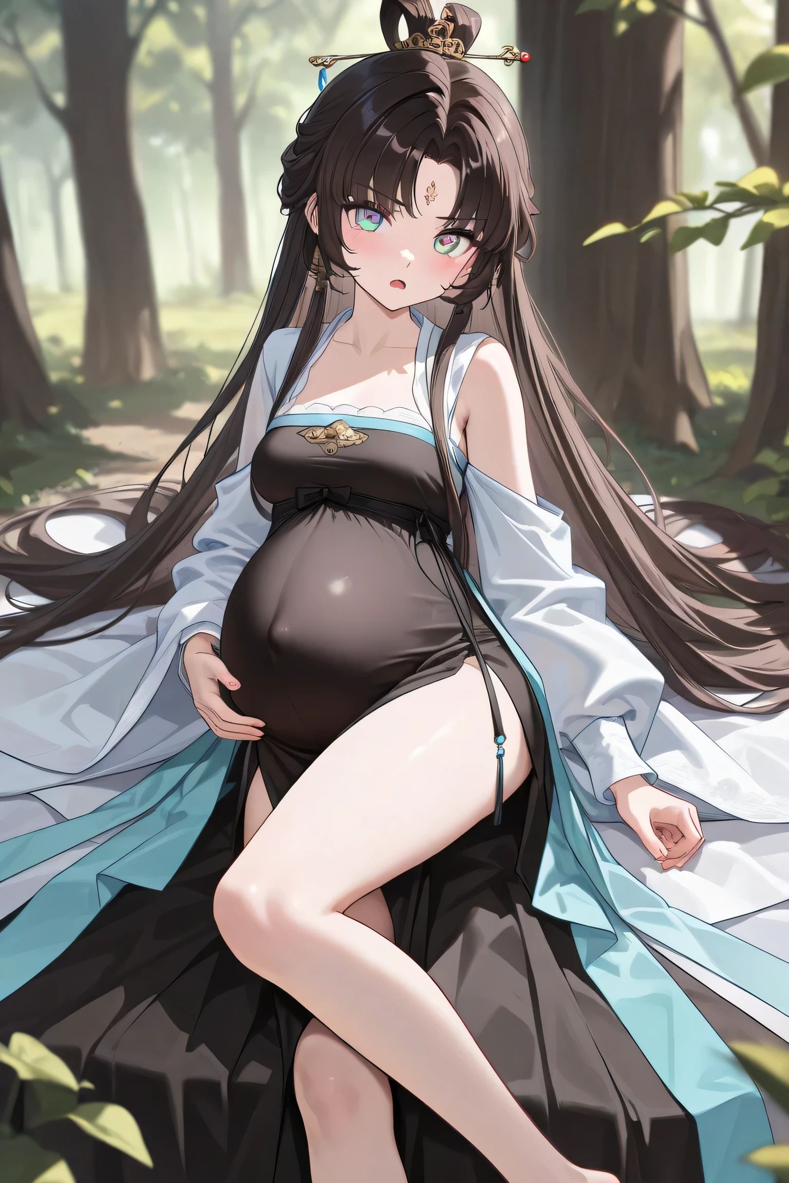 Masterpiece, Best quality, Night, full moon, 1 girl, Mature woman, Chinese style, Ancient China, The beautiful man looked at her pregnant belly and smiled, Big Baby Bump pregnant, Bigboobs, Nippur,Big black balloon big pregnant belly, Big Pregnant girl, Largest Belly of Pregnant, Huge Pregnancy, Huge 60 months gestational belly,Brown hair, Princess cut, Single strips of fried dough twisted braid, Coiled hair, Double ball head, Light pink lips, calm, Intellectual, mid hair, green pupills, Hairpin, hydrangea,