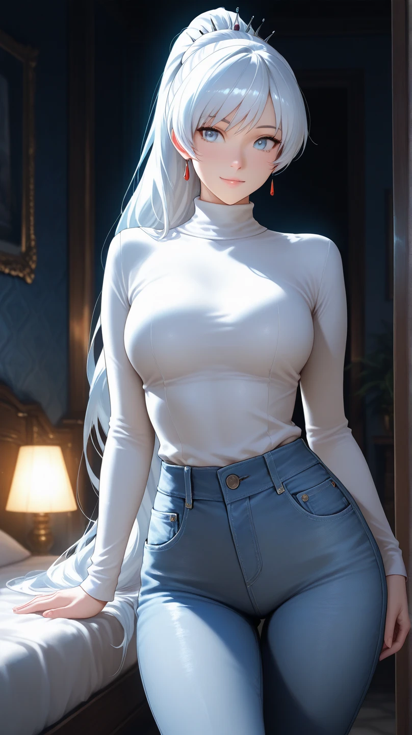 completely white 21 years old woman with gray eyes, nsfw, white hair, white sweater cleavage, big tits, long hair, big legs, black college miniskirt