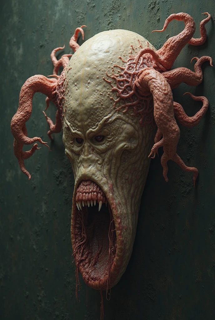 film grain texture,analog photography aesthetic,Hyper-realistic creature design, fantasy horror theme, grotesquely detailed monster portrait, sharp fangs, monstrous, sunken eyes, exposed muscle tissue, eerie skin tones of pink and yellowish-brown, sinewy textures visible, organic strands connect mouth to jaw, head appendages resembling antennas, intense, fearsome expression, digital 3D sculpting evident, meticulous rendering, chiaroscuro lighting emphasising form and detail, detailed SSS (Subsurface Scattering) apparent in skin translucency, likely inspired by the horror and science fiction genres, no clear human or animal classification, an intricate blend of organic elements creating unnerving, otherworldly visage.,