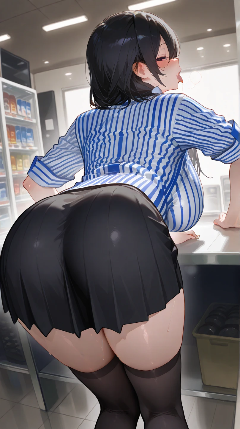 masterpiece, Highest quality, High resolution, 1 Girl, alone, kochou shinobu, Butterfly Hair Ornament, Purple eyes, Colorful Hair, short hair, Parted bangs,,黒いJacket, Long sleeve, internal 1 Girl, A light smile, Shiny skin, Highest quality, Tabletop, (Game CG:1.4), Browsing Caution, Beautiful face and eyes in every detail,Big Breasts、Small lingerie, , Touch yourself, Place your hands on your thighs, sexy, Beautiful body, Very detailed, blushする, Drooling, Embarrassing, transformation, 1 Girl, alone, 4K, wallpaper, White panties, Wet Panties, Wet body, Squirting, , shout, liquid, Wet Panties, milk, milk in panties,alone, (curve:1.1), Looking down at the viewer, With a smile, ((From below:1.5)) look back, ((Leaning forward)), View from behind, office, (Full Body Shot:1.1), (Redhead:1.05), Long Hair, lipstick, Compensate, Super detailed hair, Very detailed顔, (Purple eyes:1.05), Perfect Eyes, Perfect Face, Earrings, (Confused, blush:1.2), Red bow tie, Take your shirt off, Jacket, (Black Stockings, garter belt:1.1), zettai ryouiki, Red pencil skirt, , High heels, (Big Breasts:1.1), Cleavage, Big Ass, Thighs Thighs Thighs, Showing panties, ((From the hem of the rolled up skirt to the crotch))