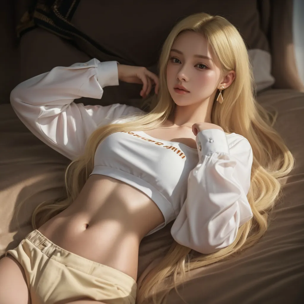 Look at this, Attractive blonde young woman, torn underdressing almost like a scrap, bigger, skin tight, soft looking bigger, Crotch Spread Wide, The shape of the tip can be seen, ssee-through, Dantian is clearly visible, underdressing, Lie down in bed，Be played，There is milk flowing out from below，Sexy bikini
