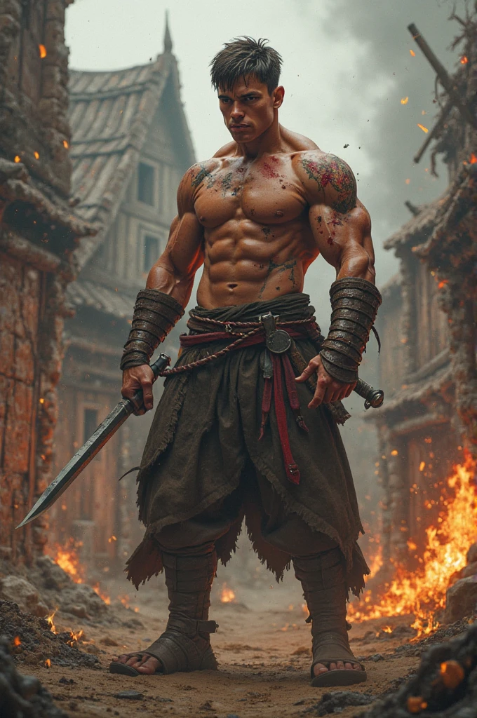 "A post-apocalyptic scene in the rain featuring a samurai walking through a desolate, ruined landscape. The samurai is wearing traditional armor that shows signs of damage and wear, holding two bloodied swords, one in each hand. The environment is filled with destroyed buildings, twisted metal, and scattered debris. Rain pours heavily, adding to the dramatic and intense atmosphere, with water droplets bouncing off his armor. The background shows a dark, gloomy sky with storm clouds and occasional lightning. The remnants of a once-thriving city are now reduced to rubble, creating a haunting and grim setting. The overall mood is somber and resolute, capturing the samurai's unwavering spirit amidst the chaos. The art style is semi-realistic, emphasizing the gritty textures and haunting details of the scene. Image in 4K resolution.",
"size": "1792x1024"