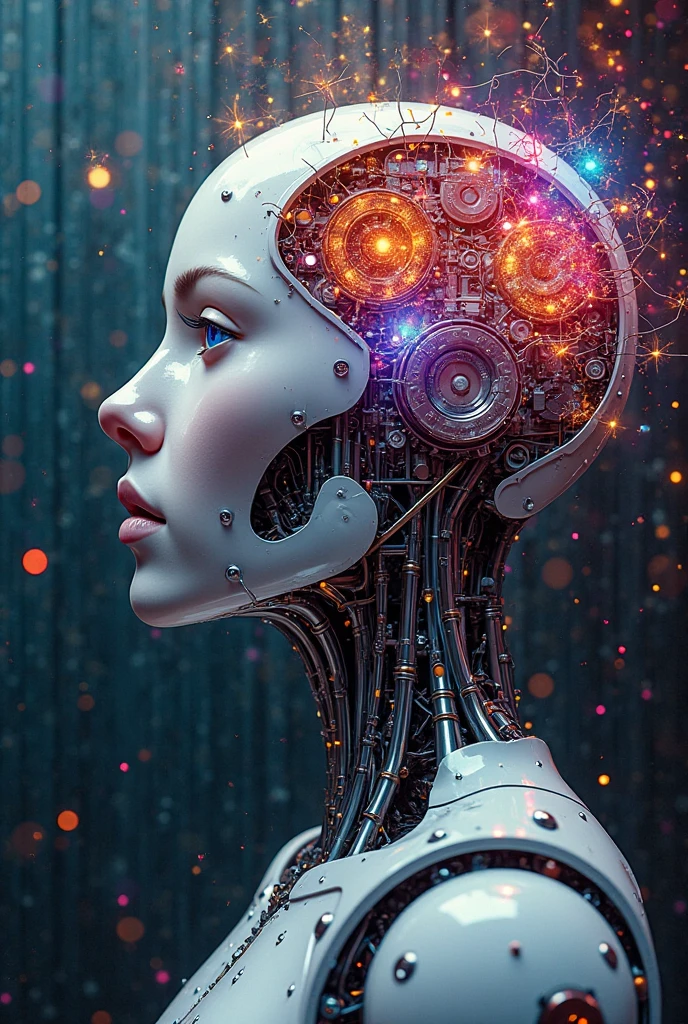 abstract representation of a human brain with gears and code intertwined, symbolizing the integration of human intelligence and artificial intelligence 8k, hyperrealistic, highly detailed, balanced scale, robots, humans, futuristic, cyberpunk, seamless integration, striking contrast, dramatic lighting, precise engineering, sleek design, advanced technology, thought-provoking, social commentary, cinematic composition, mesmerizing colors, intricate details, masterful rendering