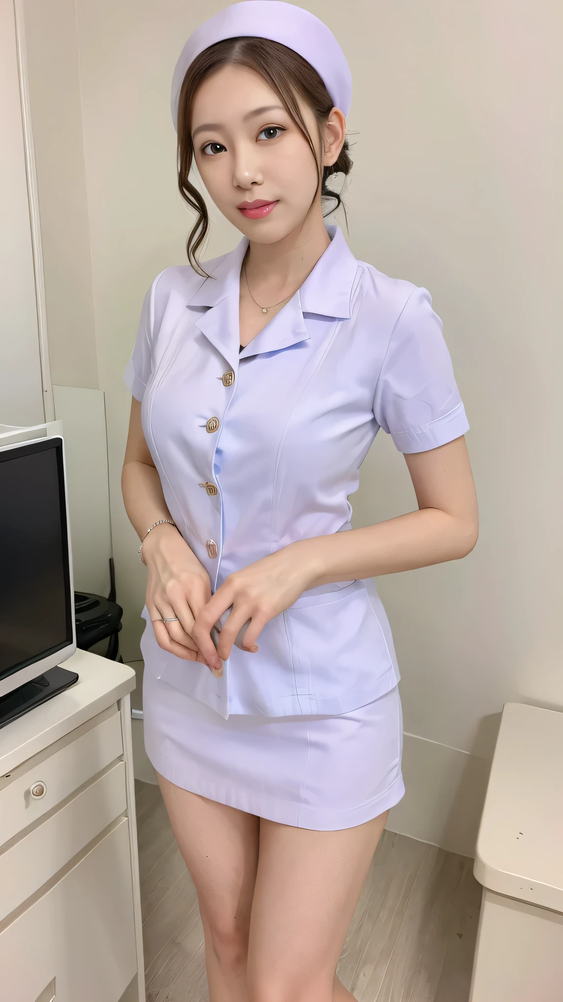 top quality, 8k, masterpiece, photorealistic, realistic, 1 beautiful Japanese woman standing on the pulpit, Mature Woman, 40 years old, in her 20s,glamorous,fine skin texture, short hair, Big breasts, , white nurse clothes, Examination Room,(( Examination Roomの机の前でこっちを向いて座っている)(viewers)),