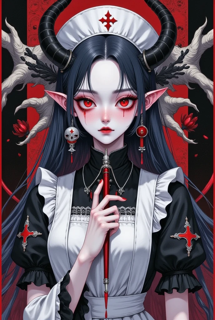 Demon with human face, horns, and a red forked tongue.red eyes and earrings on the ears. With long, black claws, best quality , masterpiece, high resolution, 4k