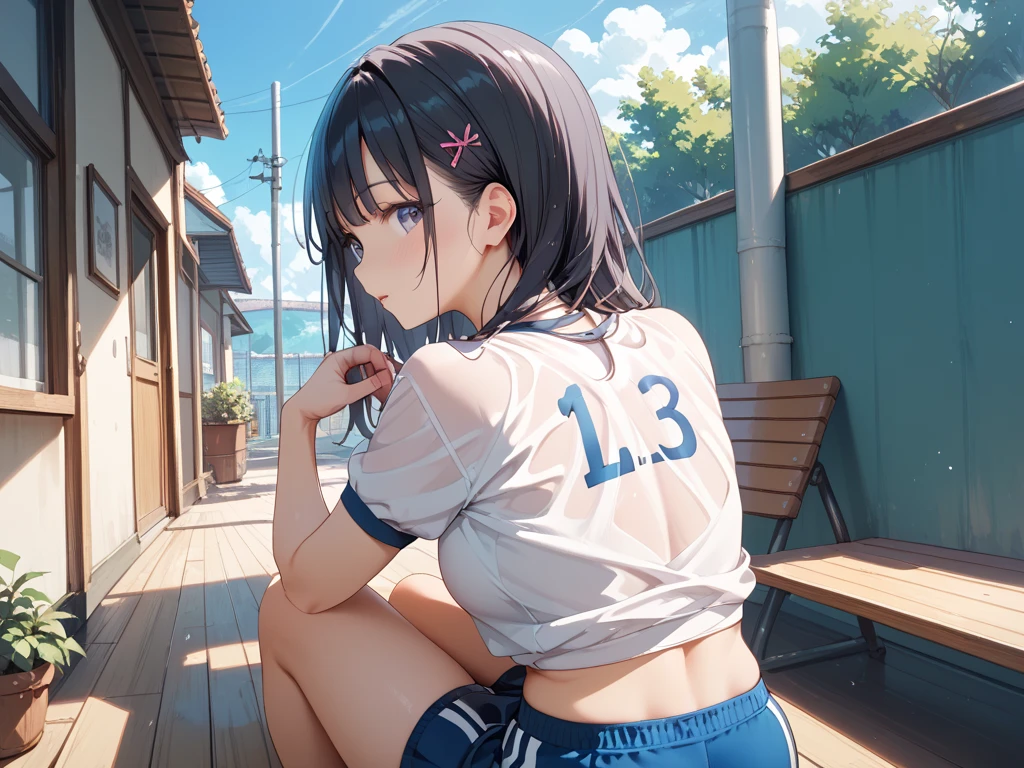 One 17 years old girl,short hair,blue hair mixed colored red hair,((jersey,sports style)),rage,laugh,grin,slender body,socks,sneakers.