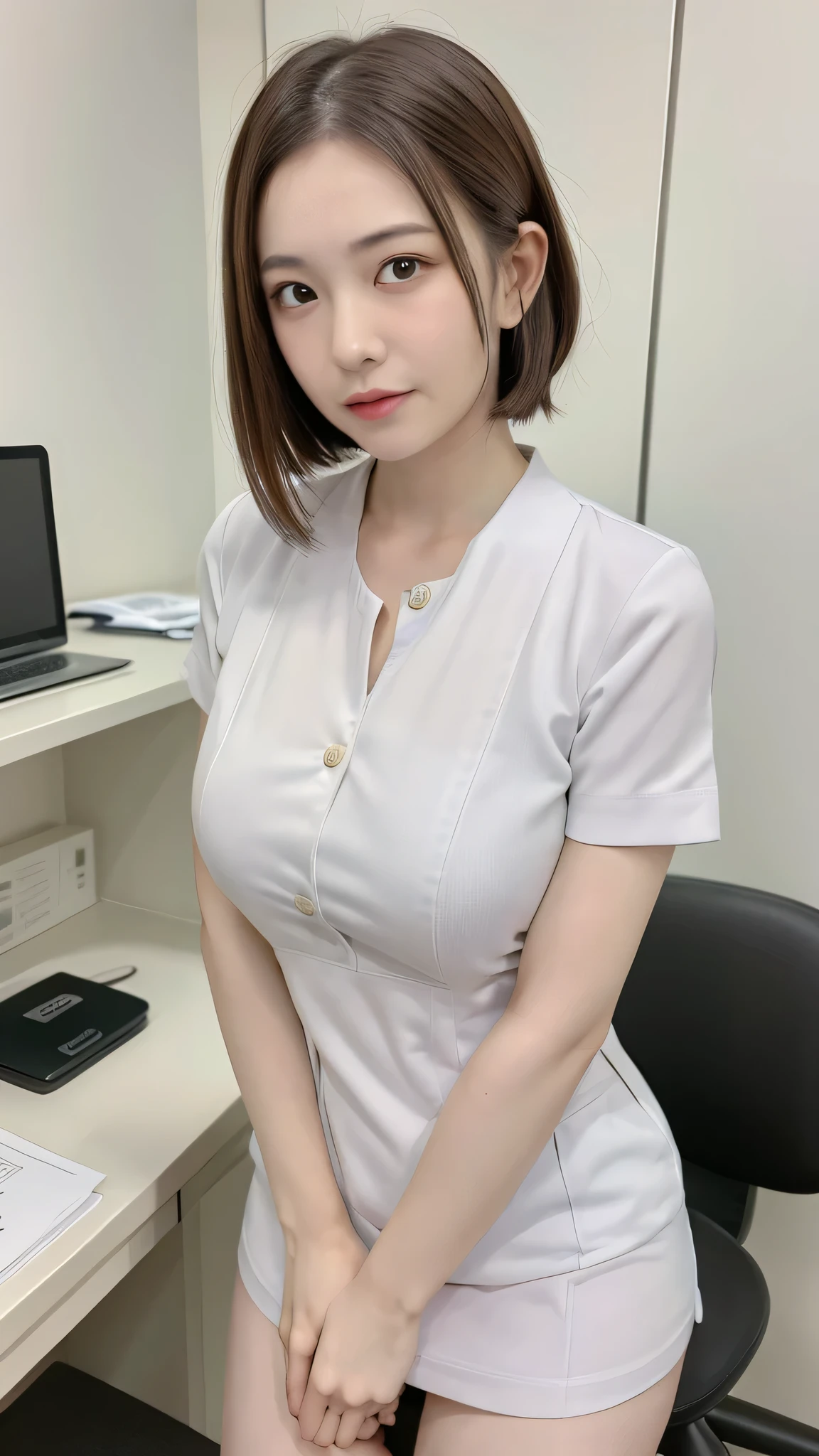 top quality, 8k, masterpiece, photorealistic, realistic, 1 beautiful Japanese woman standing on the pulpit, Mature Woman, 40 years old, in her 20s,glamorous,fine skin texture, short hair, Big breasts, , white nurse clothes, Examination Room,(( Examination Roomの机の前でこっちを向いて座っている)(viewers)),