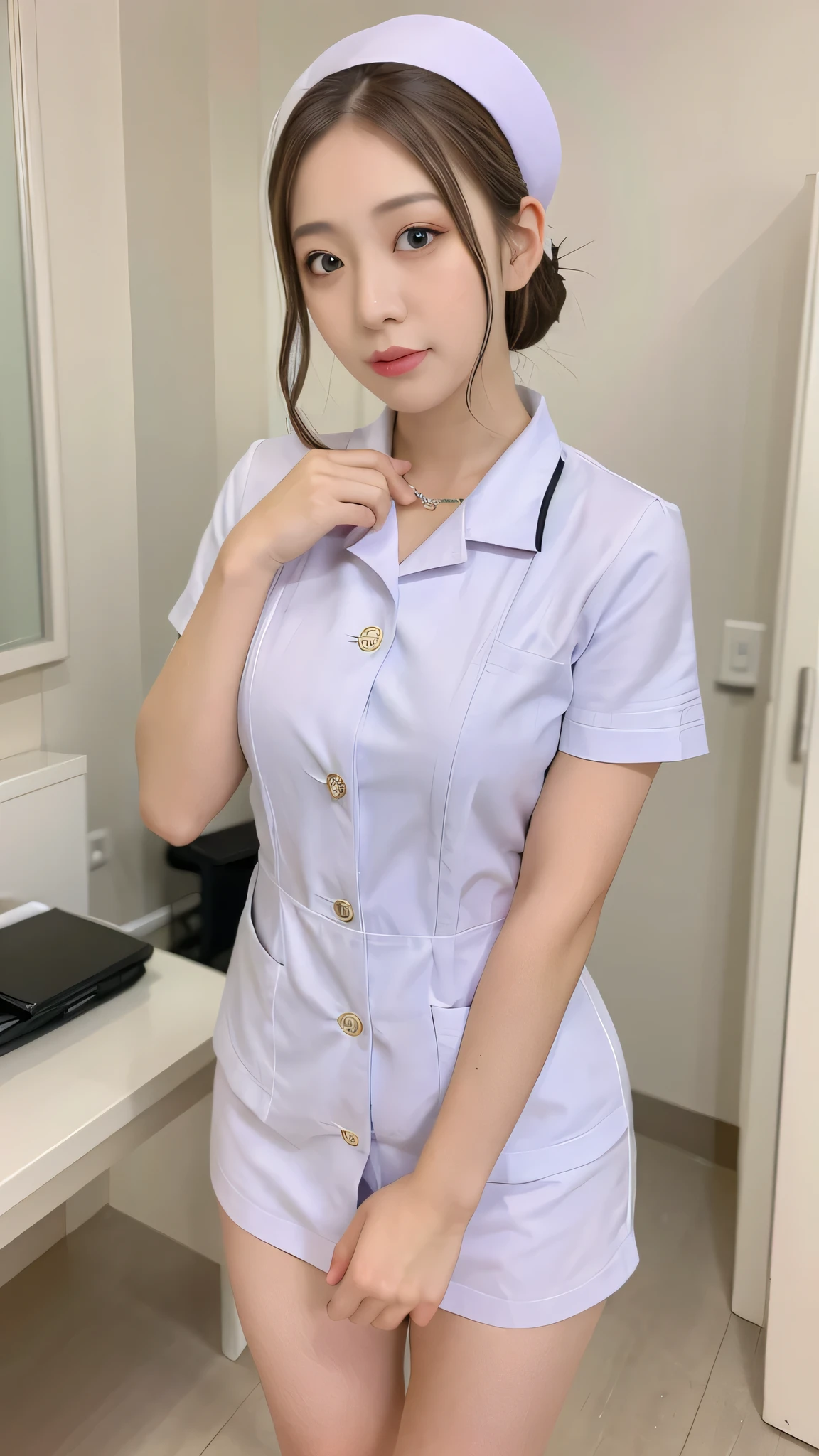 top quality, 8k, masterpiece, photorealistic, realistic, 1 beautiful Japanese woman standing on the pulpit, Mature Woman, 40 years old, in her 20s,glamorous,fine skin texture, short hair, Big breasts, , white nurse clothes, Examination Room,(( Examination Roomの机の前でこっちを向いて座っている)(viewers)),