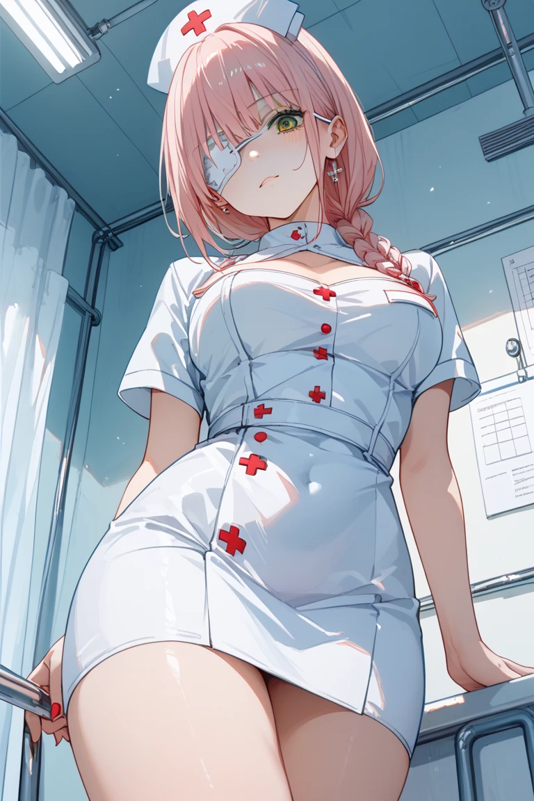 1girl, solo, nurse, nurse cap, white wear, ((white legwear, zettai ryouiki)), white gloves, pink hair, drooping eyes, ((covered nose)), standing, ((hospital room)), sharp outline, short sleeves, best quality, masterpiece,Fleshy,Red eyes,Fleshy