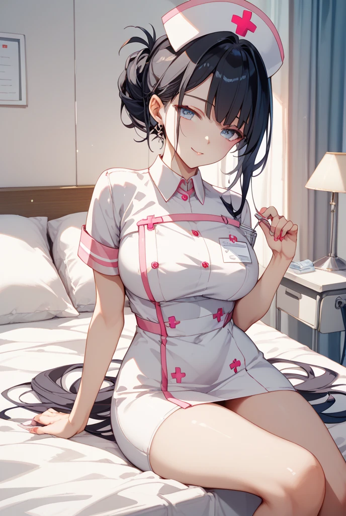 Beautiful woman, (High resolutionで美しい黒い目)、Anatomically perfect body, thin、(nurse、nurse、白いnurse服), (Please place your hand on your chest), (Looking down:1.3)、18-year-old、(Highest quality)、Black Hair, (short hair)、(8K, High resolution)、(shy:1.4)、Mid-chest, (vapor:1.1), (Embarrassing:1.3), Glossy Lips、Erect nipples、On the bed、(足がthin)、(wariza)