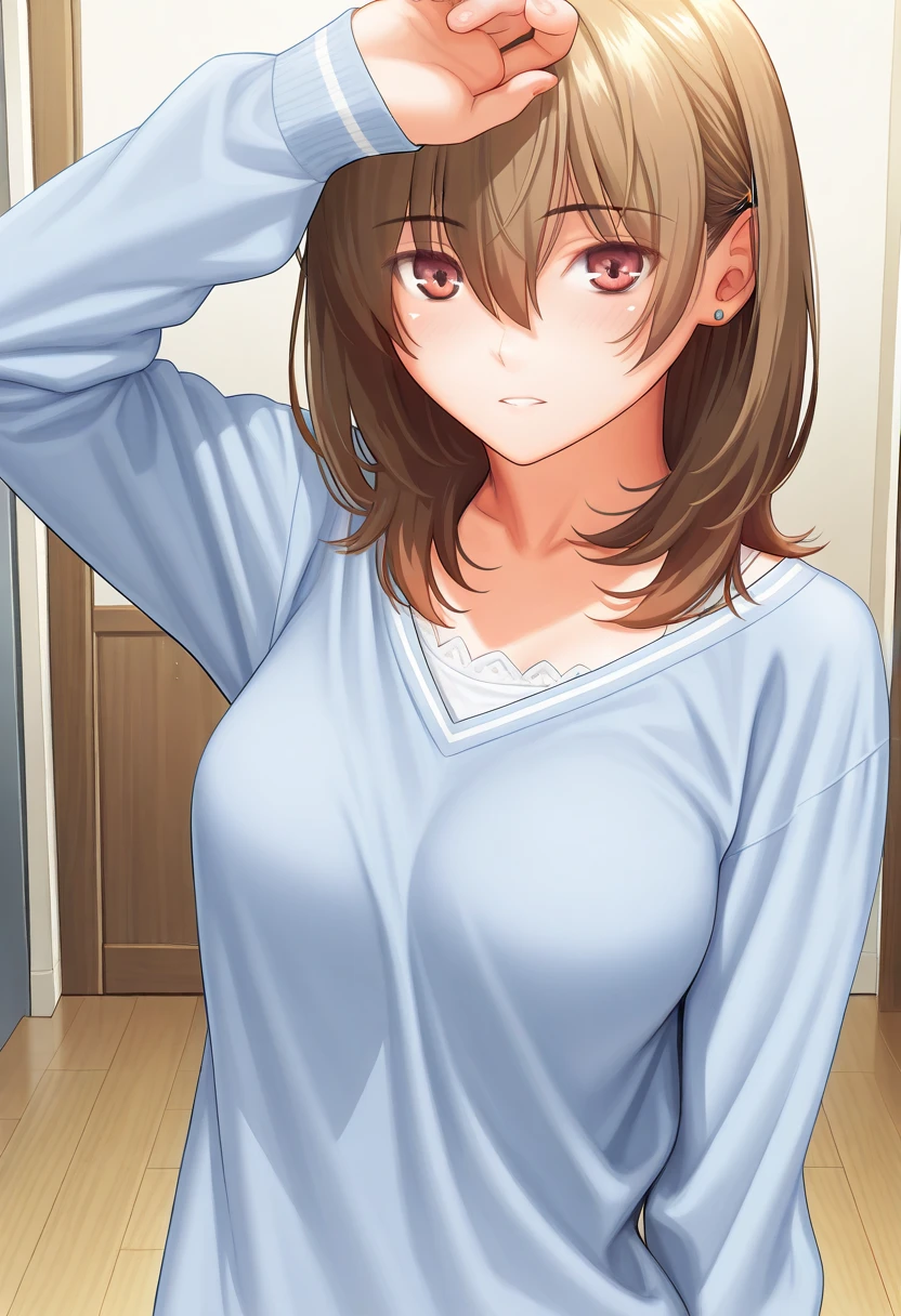 ((masterpiece)), ((detailed, high quality)), girl, cute face:1.2, soft brown hair, super straight hair, ((puppy ears down, floppy ears)), pink eyes, bedroom, close-up, cute pose, very long hair, fluffy bangs, ((dynamic pose)), brown virgin killer sweater, sexy, choker