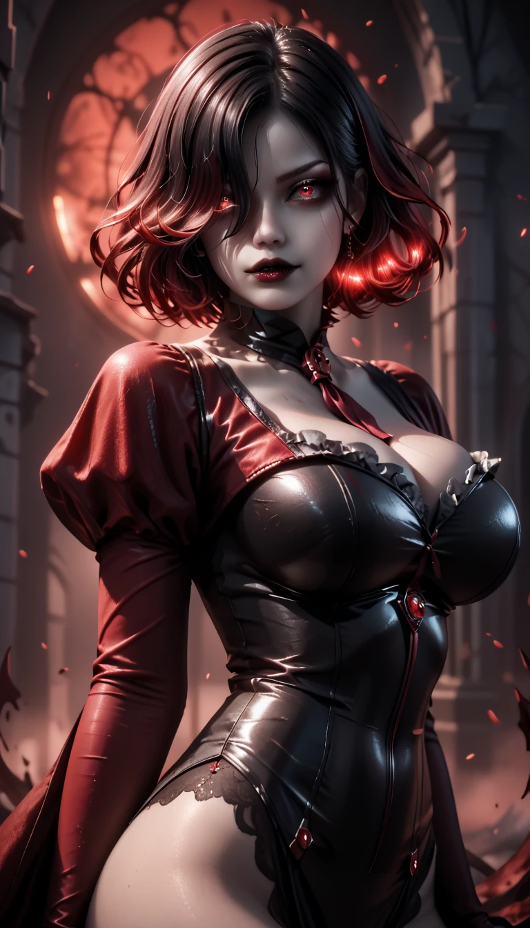 Stylistic image of woman dressed in black and red, red tinted hair，A red flower is worn on his head，largeeyes，Smile Expression