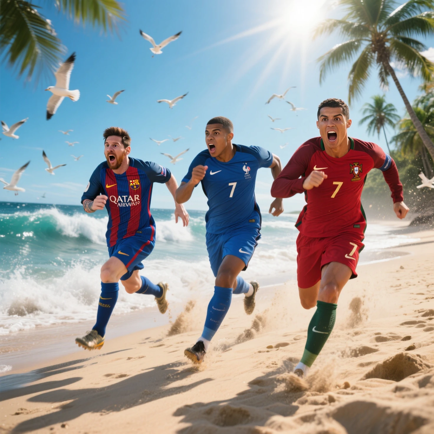 Messi and Ronaldo playing football on the beach in swimsuits
