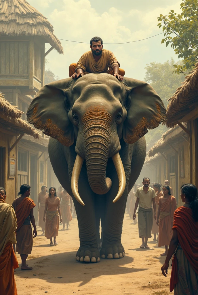 Two young male children of Tipu Sultan wearing the 18th century costumes sitting on back of a gigantic elephant in a decorated silver Hooda. A old mahooth sitting on the head of the elephant is controlling and coming out of the gates of Srirangapatna. Tipu Sultan's cavalry and camel mounted soldiers are following them as part of the procession. The whole seen is in UHD resolution from the ground level shot in Very high resolution