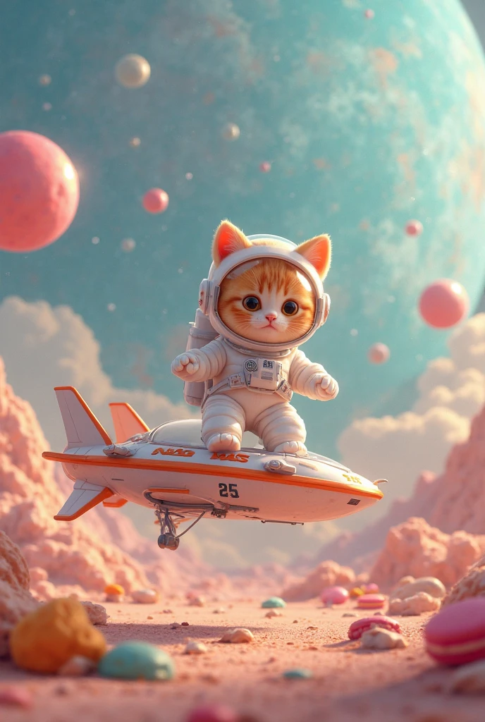 NASA 5 kittens in white space suits unfold、their reflective hulls capture the brilliance of distant celestial bodies, Excellent astronauts investigate a new planet, A fun homage to iconic characters、Running around on an air bike that floats in the sky, accurately passing through obstacles with agile and accurate maneuvering、Three colorful macaron-shaped moons illuminate, in the majestic valley of the planet on the ground of a feather ball A background where you can see a huge spaceship in the shape of a cute cat, illuminated by sunlight on a cute giant spaceship, portraits that capture the dynamic movements of kittens and the quiet state of the planet, NASA 5 kittens in white space suits unfold鮮やかなアクショでの描写, portraits that capture the adventurous galaxy in which they play an active role, city background designed by Pixar Animation, 