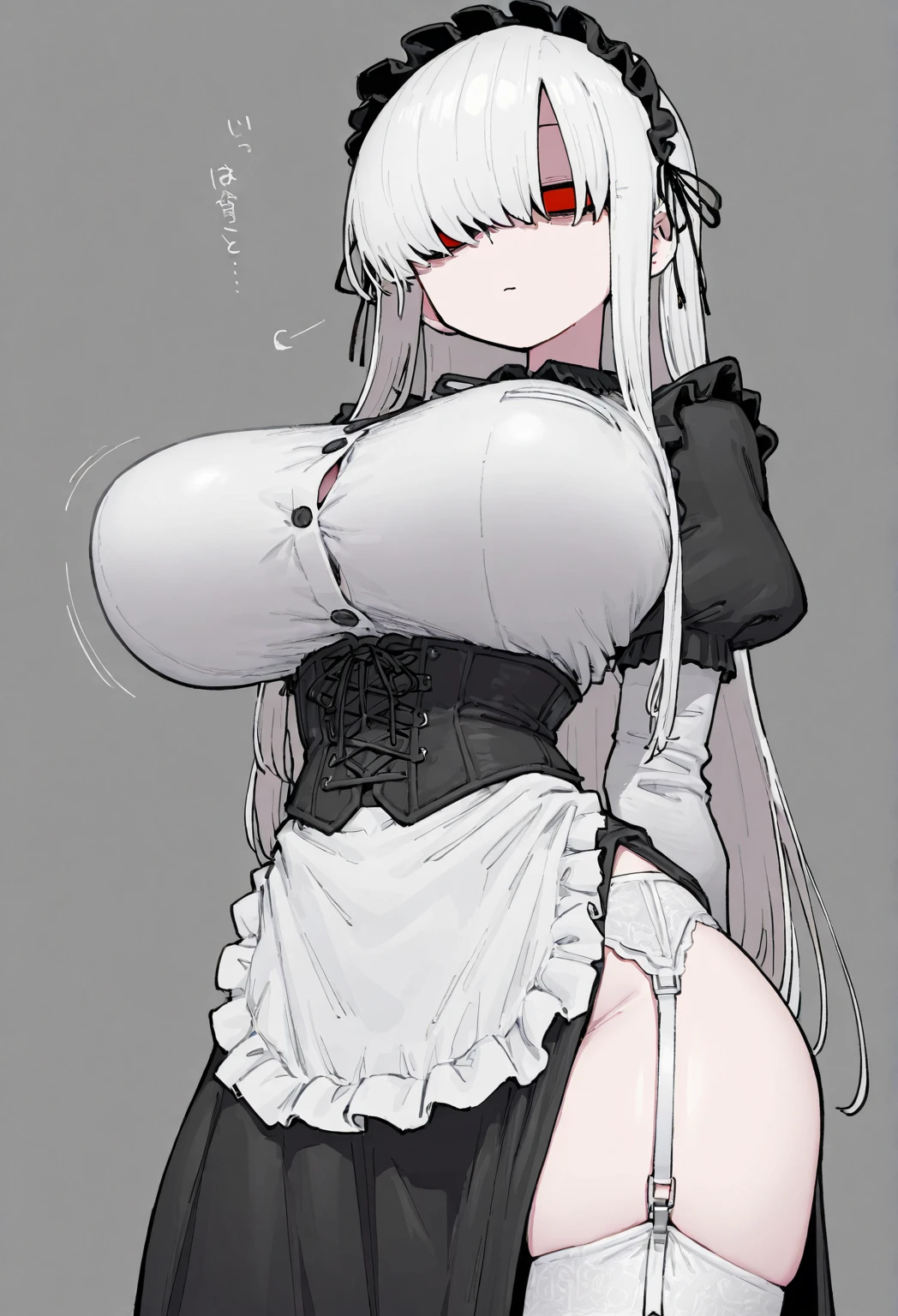 20 year old woman, big breasts, busty, bubble butt, hourglass figure, skinny, blushing, embarassed, shocked expression, horny, seductive, long hair, platinum hair, twintail hair, wearing maid dress, white stockings, black high heels, tight fitting clothing, anime flat colors, punk, punk style, punk hair, ((open mouth)), ((drooling)), ((wet)), bare shoulders, elbow gloves, frills, bows, puffy dress, latex, latex maid dress