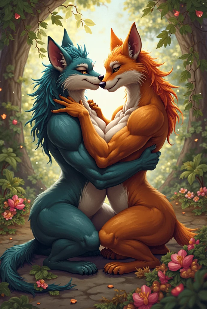 Sexy humanoid red tiger women, and sexy humanoid blue wolf woman, intertwining their tails with eachothers, hissing at eachother, angery snarls and their fangs showing, tigers procreating with wolves and wolves procreating with tigers around them