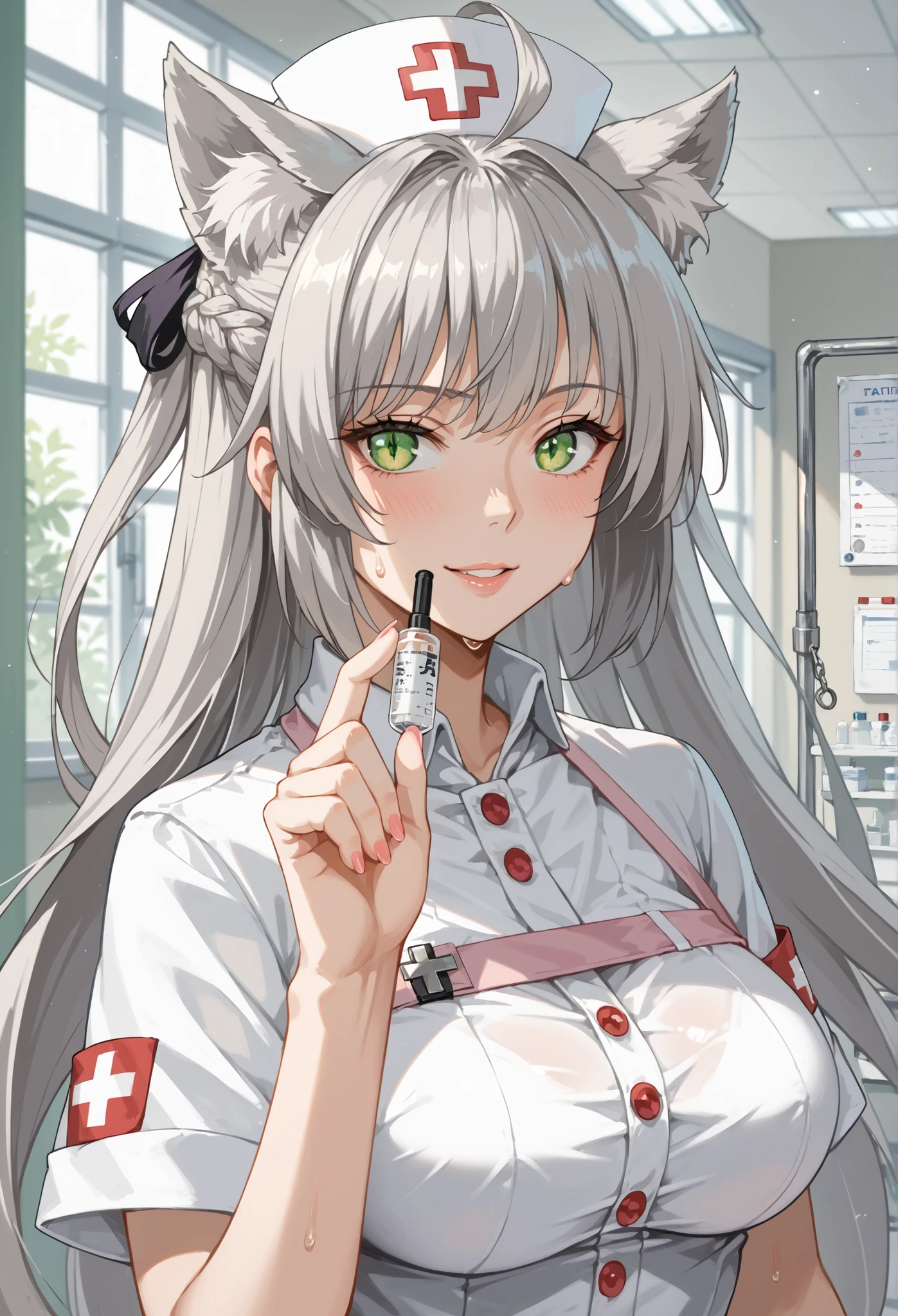 score_9, score_8_up, score_7_up, source_anime, 4K,perfect fingers,(perfect hands, perfect anatomy),prefect lighting, very aesthetic, intricate details,highly detailed background, masterpiece, high quality, best quality,
1girl,((solo)) ,atalanta, green eyes, slit pupils, grey hair, long hair, ahoge, animal ears, cat ears, , Large breasts,,
yandere, nurse, sanpaku, sweat, press the intercom, hospital, nurse,