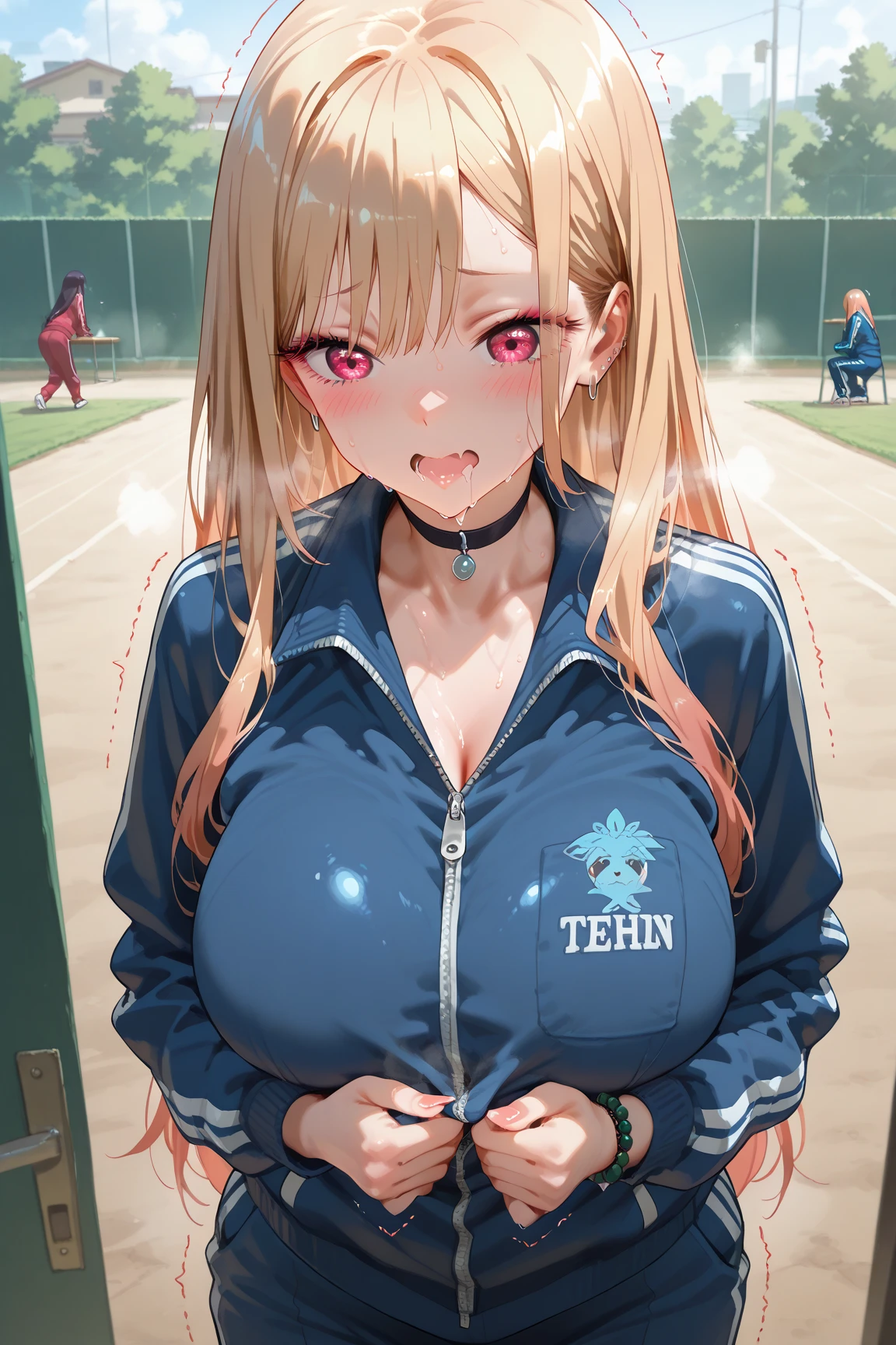 ((Highest quality)), ((masterpiece)), Anime Style、Perfect Face, 1girl, Blonde、ponytail、Green Eyes、Large Breasts、He is wearing a plain navy blue T-shirt、cowboy shot、smile、front、In a large stadium-like gymnasium、Logo on the floor、night
