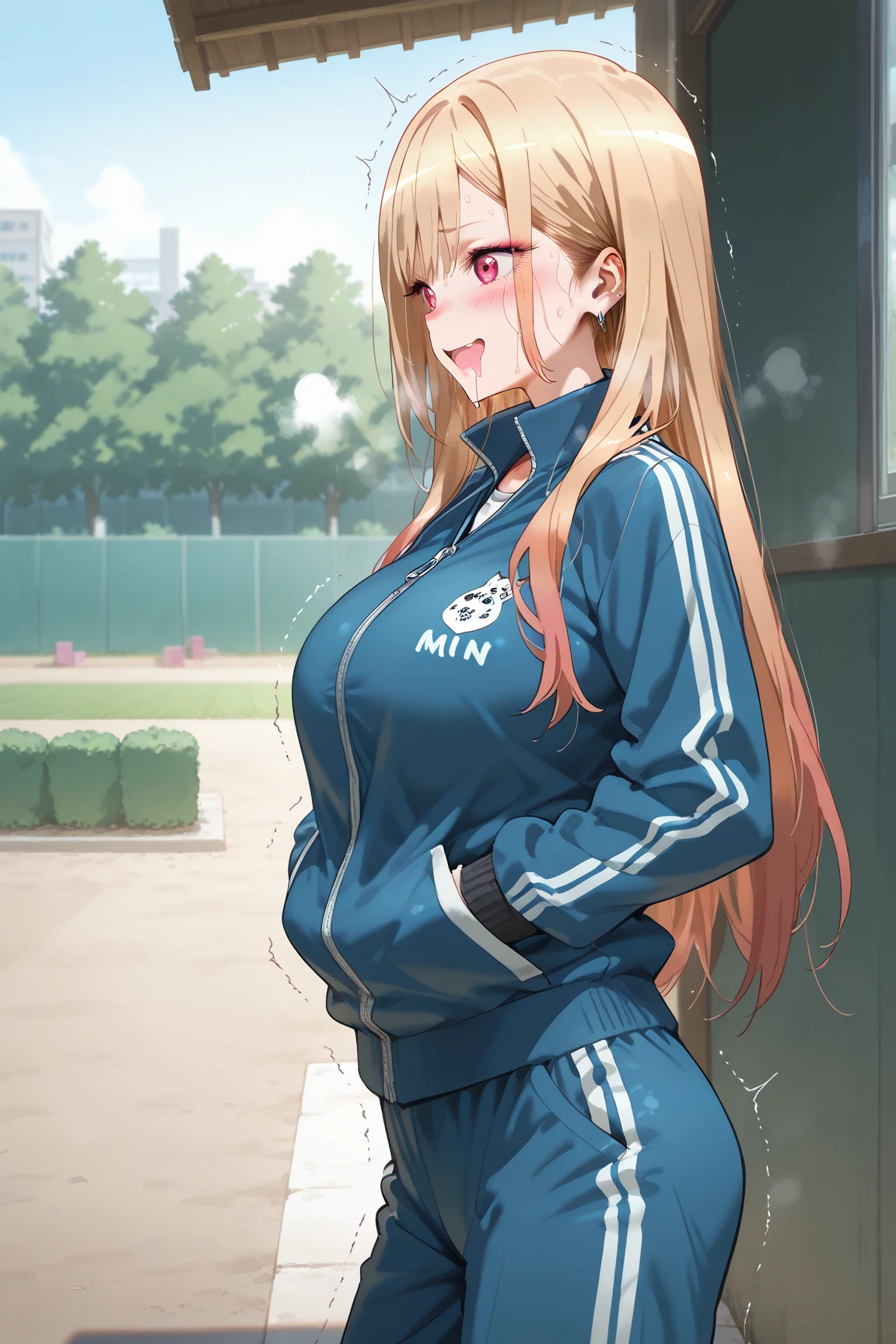 mastute piece,Best Quality,insanely detailed,8k cg,nsfw,
(shoot upper body:1.3),
(1girls:1.3),standing,looking at viewr,body in front,both arms behind back,(school-tracksuit:1.3,buruma:1.3),(bare breasts:1.1),(bare nipples:1.1),
break,
blush,shy,(ecstasy face),(trembling:1.2),break,(light yellow hair:1.2),
break,
perfect breasts,perfect teats,(open mouth:0.9),(large breasts:1.2),
(outdoor sports field)、