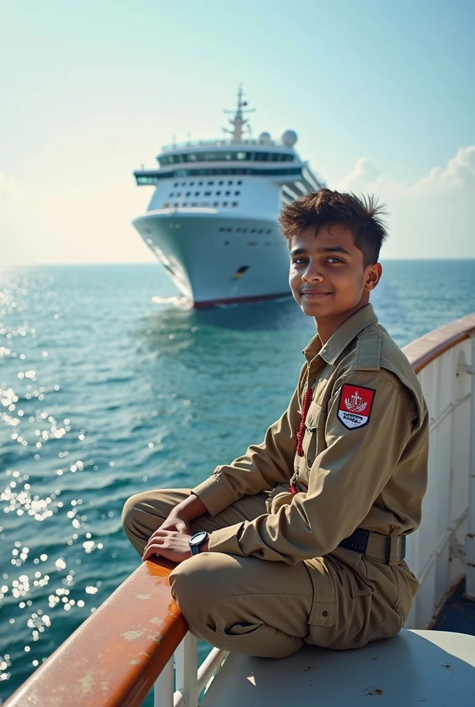 (photorealism 9.6, a clean save Pakistani boy in navy white uniform sitting on deck of warship