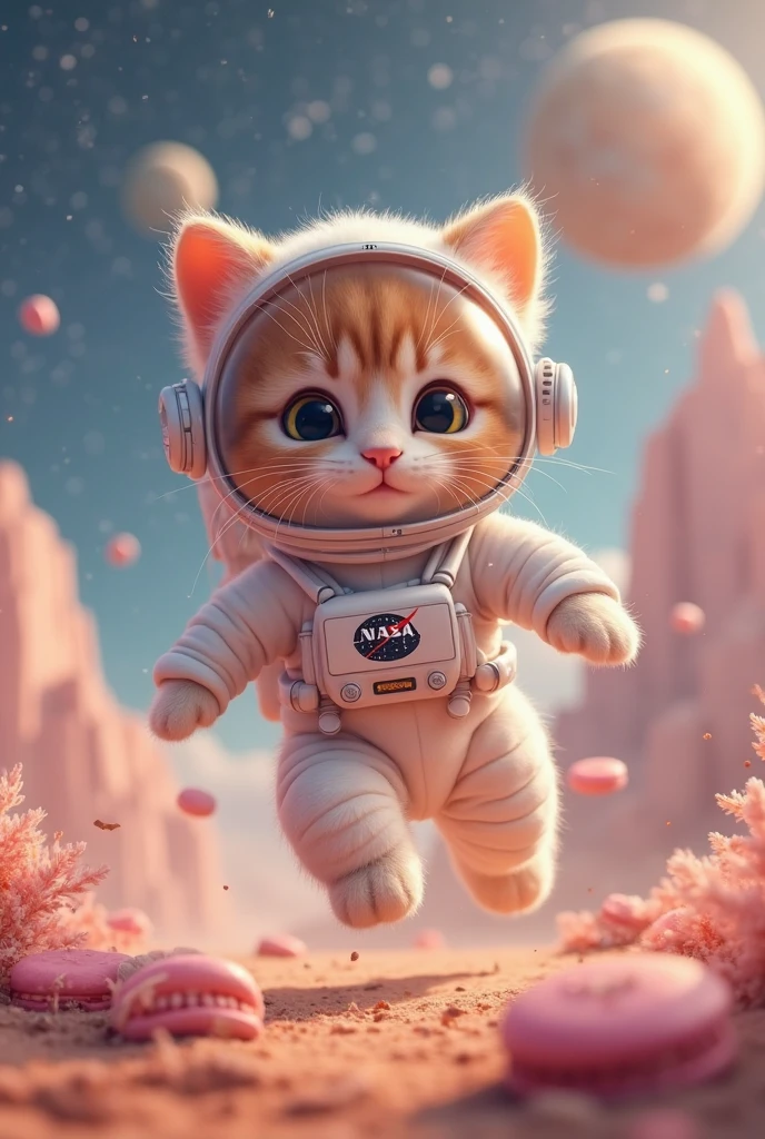 NASA A cute smiling kitten wearing a white spacesuit unfolds、their reflective hulls capture the brilliance of distant celestial bodies, Excellent astronauts investigate a new planet, A fun homage to iconic characters、Running around on an air bike that floats in the sky, accurately passing through obstacles with agile and accurate maneuvering、Three colorful macaron-shaped moons illuminate, in the majestic valley of the planet on the ground of a feather ball A background where you can see a huge spaceship in the shape of a cute cat, illuminated by sunlight on a cute giant spaceship, portraits that capture the dynamic movements of kittens and the quiet state of the planet, NASA vivid action depiction of 5 kittens wearing white spacesuits unfolding, portraits that capture the adventurous galaxy in which they play an active role, city background designed by Pixar Animation, 