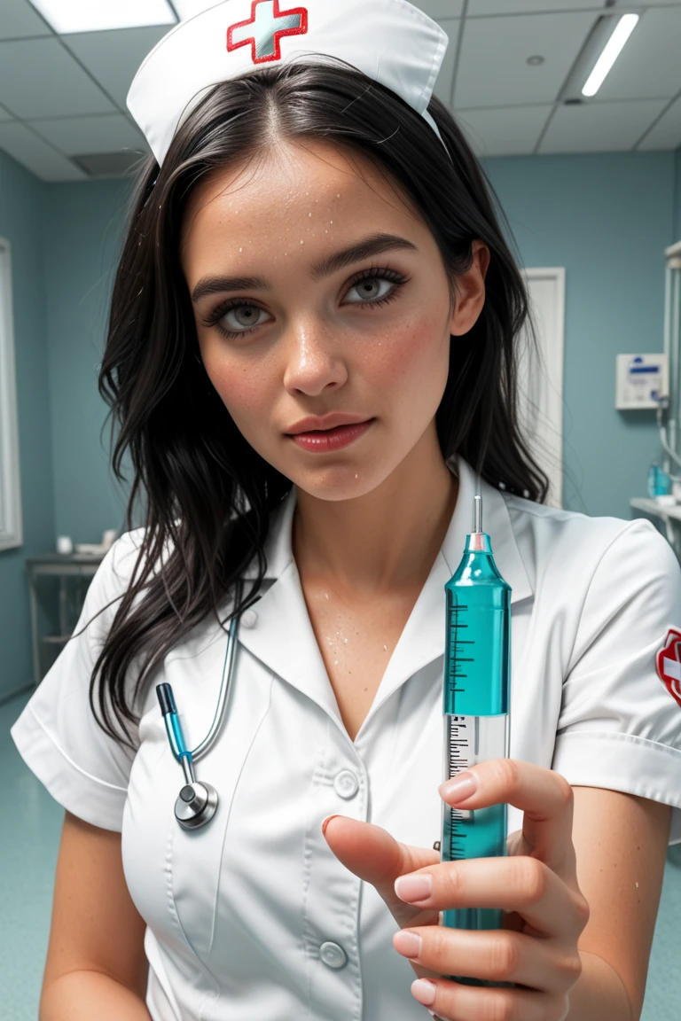 (moscas de escombros:1.2),(8K de alta calidad), (of the highest quality), (Calidad de imagen RAW), (realidad), (eso'Realidad-like:1.37), ojos grandes, long eyelashes, eso' Exquisito(Live-action Realidad-like style),cara definitiva, realidad, Rasgos faciales claros, piel blanca lechosa, Piel de alto detalle, realidad skin details, visible pores,(super detailed),(cabello corto), mejor retrato, ((Foto tomada desde la distancia, desde el frente)), solo una chica, tipo lindo,ojos finos y hermosos, nariz bellamente detallada, piel muy detallada) ,(Beautiful face with double eyelids.), (realism: 1.4), excelentes detalles, Ultra high resolution, rostro delicado y hermoso, 25 years, (cara hermosa 1.4), delgado, ((Photographed in a hospital operating room.)), ((vistiendo una enfermera; Estar uniformado y hacer contacto visual con la audiencia.)), vistiendo una enfermera cap, (el hospital es blanco.), piernas muy hermosas, ((Crouch in front of the viewer.))), squat down with your legs slightly open, el suelo del hospital es blanco, ((Crouch in front of the viewer.)), (((enfrentando, (vista desde arriba:1.2), Punto de vista, ((lengua fuera, boca abierta)), cerca ~ eyes)))