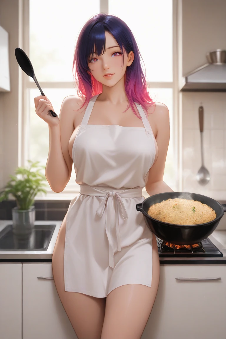 (((nude, naked))),((masterpiece, best quality, cinematic, photorealistic, ultra-detailed)), ((medium shot, from behind)), ((perfect anatomy, perfect eyes, perfect hands, large cleavage, round legs, round ass)), ((female model)), ((detailed medium and shiny hair, braided updo hairstyle, rich red hair color:1.2)), ((topless)), ((wearing purple apron with watercolor-inspired patterns in shades of purple and silver details)), ((wearing gray short shorts)), ((dynamic background)), ((sensual pose)), ((sitting on a high metal stool chair))