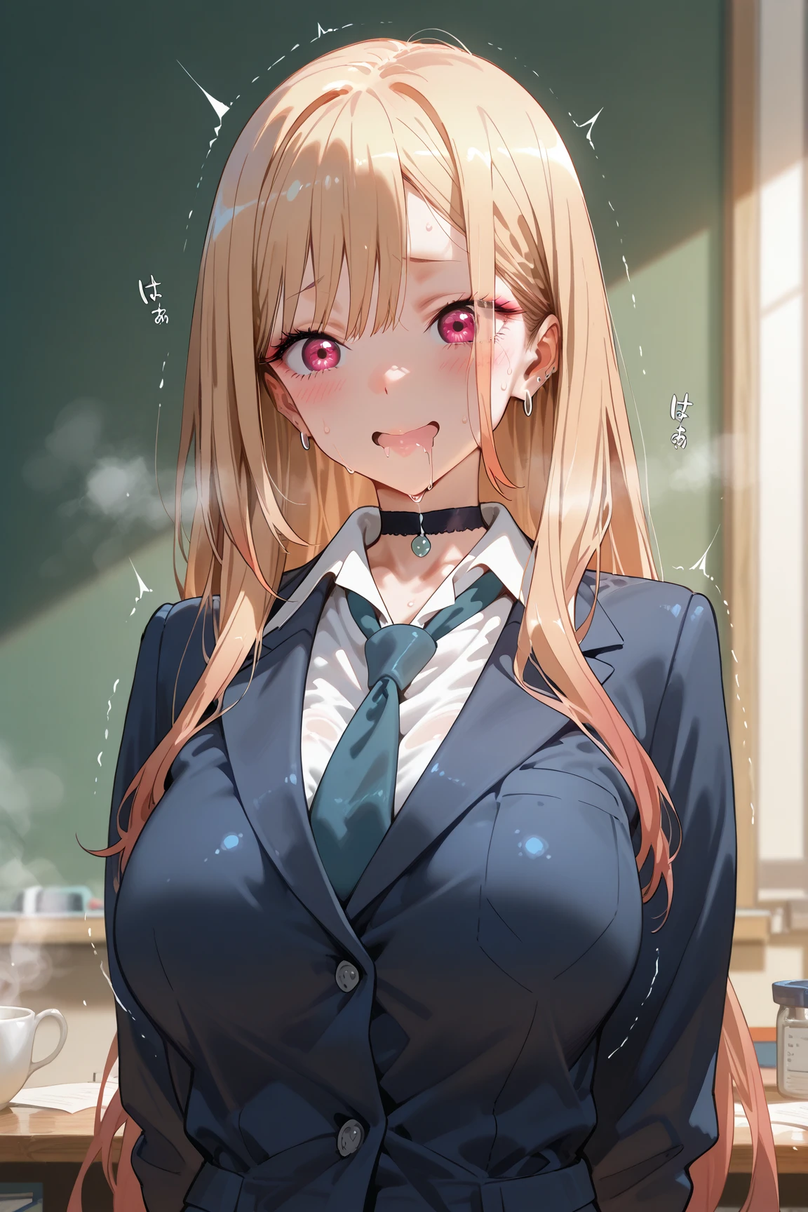 (masterpiece:1.2, highest quality), (Realistic, photoRealistic:1.4), Beautiful illustrations, (Natural Side Lighting, Cinema Lighting), Browsing Caution,
View your viewers, Cowboy Shot, Front view:0.6, 1 girl, Japanese, high school girl, Perfect Face, Cute and symmetrical face, Shiny skin,
(Long Hair:1.8, ponytail:1.7, Blonde), Parted bangs, Golden Eyes, Long Eyelashes, (Large Breasts:1.5, Thick thighs),
Beautiful Hair, Beautiful Face, Beautiful fine details, Beautiful clavicle, Beautiful body, Beautiful breasts, Beautiful thighs, Beautiful feet, Beautiful fingers,
((((Long sleeve)), Roll up your sleeves, White collared shirt, Navy Pleated Mini Skirt, Black socks, Brown Loafers, Red bow tie, Beige sleeveless knit vest)), Pink Panties,
evening,classroom, (Sexy Eyes, Cross-eyed,Watery eye,Toro eye), (((Spread your legs wide)))、Spread your legs、Leg spread,(((Stick your tongue out))),Drooling,Sweat,Hands tied,tie your hands,Tied down