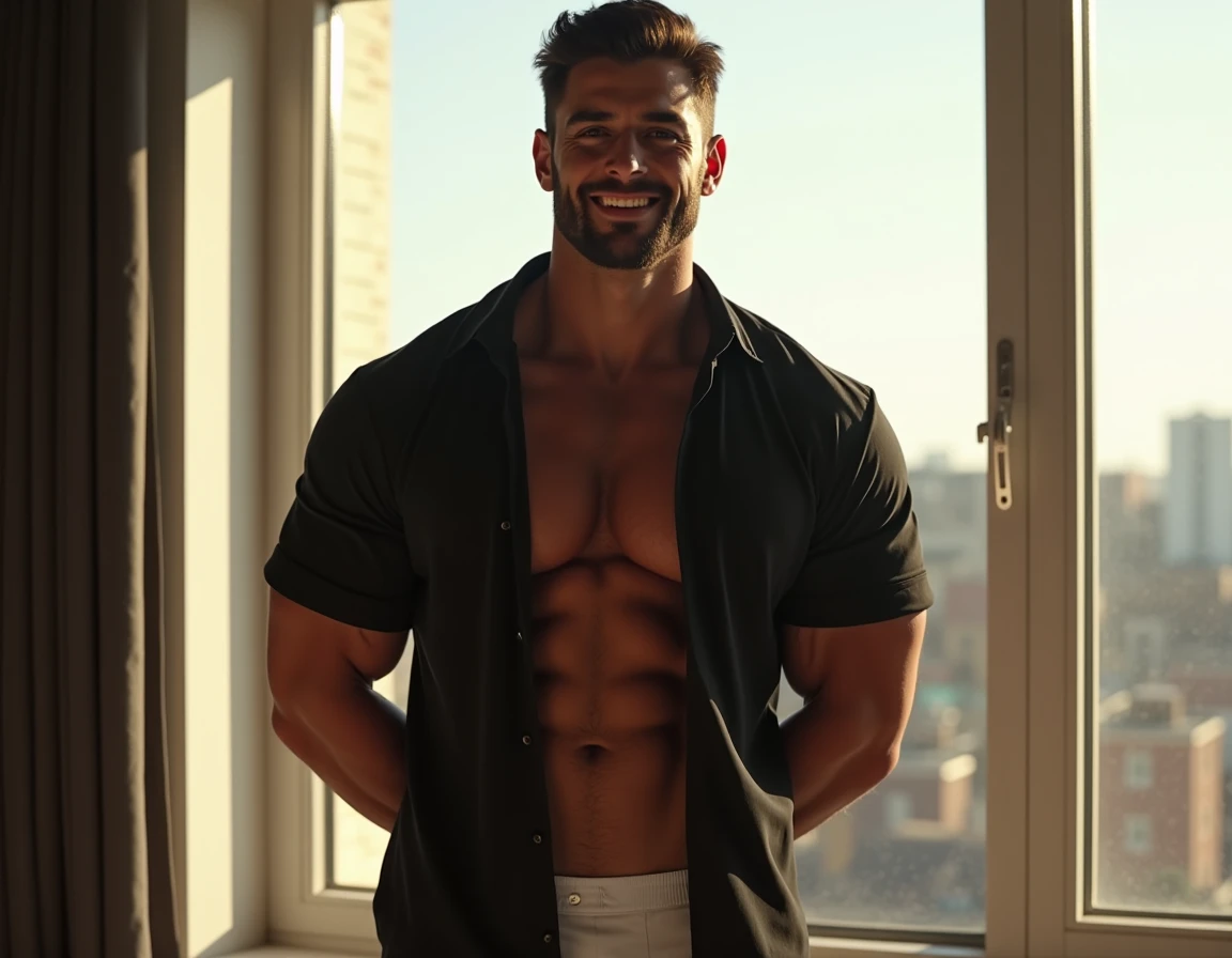 tmasterpiece, beste-Qualit, hight resolution, extreme close up portrait, ((wide-angle)) male focus, solo focus, Young man, muscular, Strong, Strong, hairy, manly, (no shirt:1.2), in sweatpants, on the balcony of a high-rise building, Smoke, looking at away, (Sundown), incredible composition, side-view, HDR, voluminous lighting,