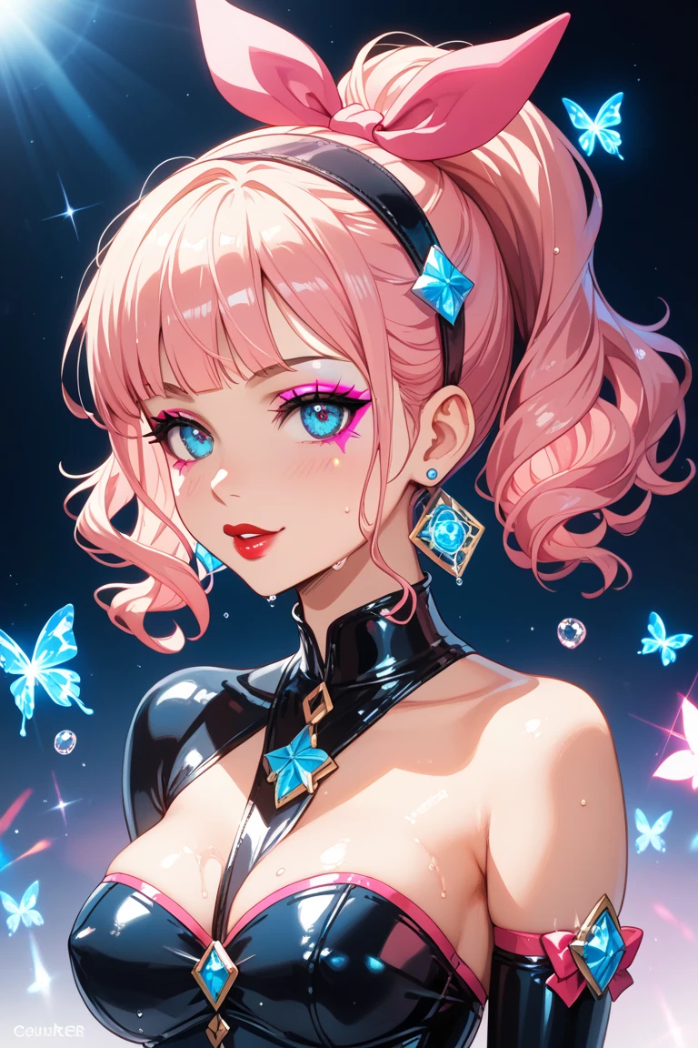 a beautiful 20 year old blonde woman with big messy hair in a blue dress, white stockings, black headband, cleavage, fantasy art style, rossdraws cartoon vibrant, alice x. zhang, alice in wonderland cyberpunk, cute detailed digital art, colorfull digital fantasy art, digital fantasy art ), glossy digital painting, rossdraws pastel vibrant, rossdraws 2. 5, rossdraws 1. 0